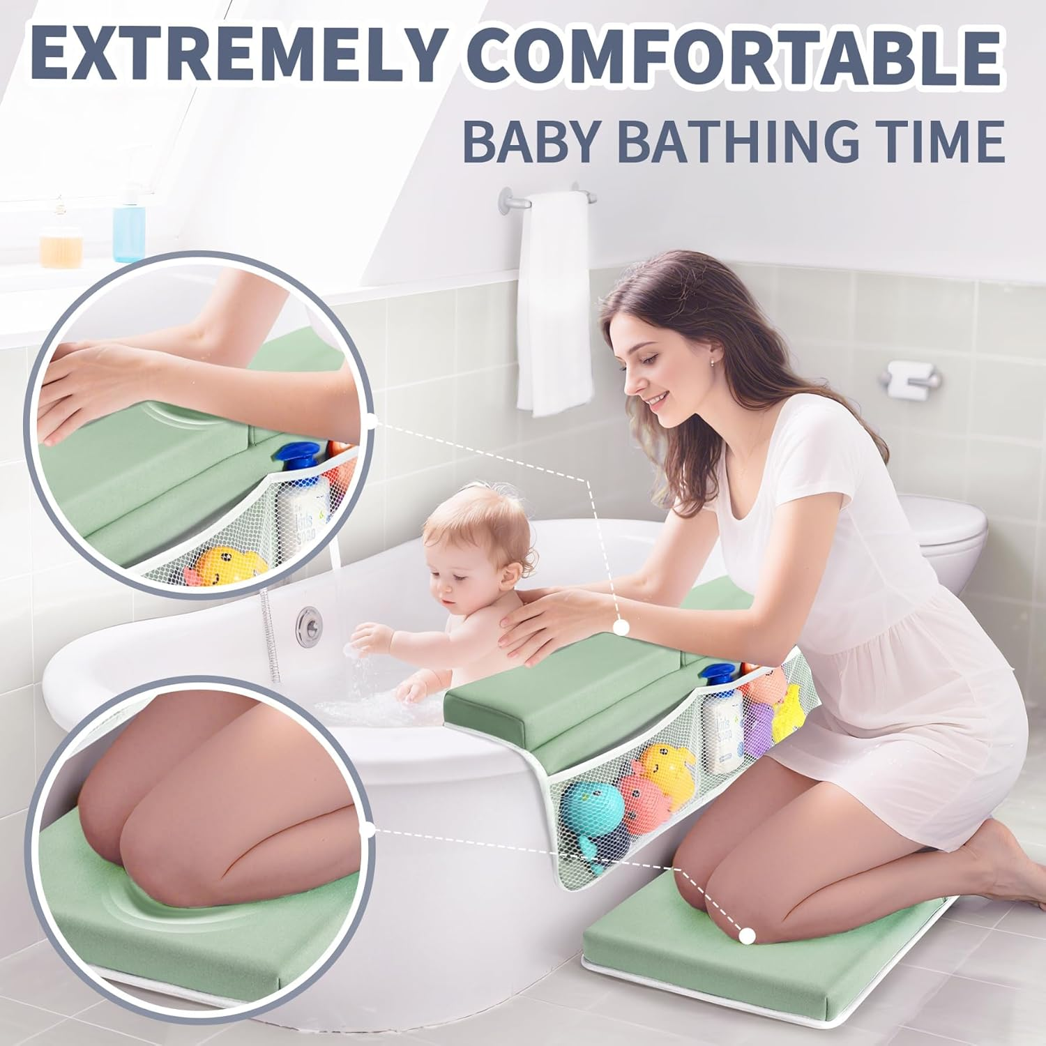 Bath Kneeler and Elbow Rest Pad Set, 3.8Cm Thick Baby Bath Kneeler Pads with Toys Organizer, Anti-Slip Cozy Knee & Arm Support Bathtub Mat, Quick Dry Kneeling Pad for Baby Bath Time image number 5