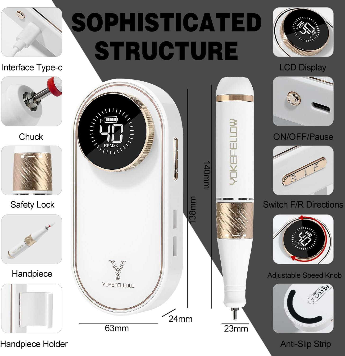 Yokefellow 40000 RPM Cordless Nail Drill, Rechargeable Portable Nail File for Acrylic Nails, 17 Drill Bits, Ideal for Beginners & Home Use,Uk