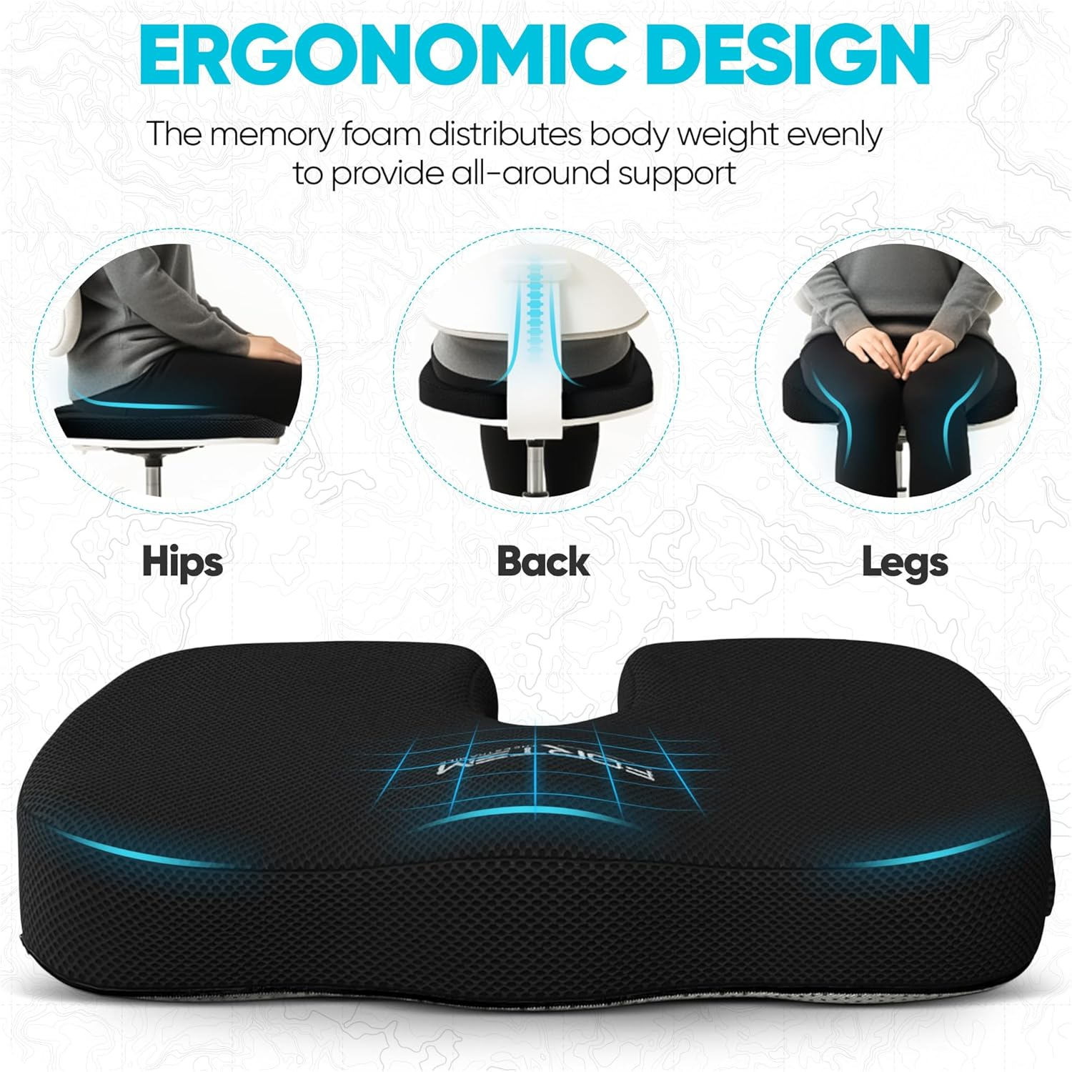 FORTEM Chair Cushion, Seat Cushion for Office Chair, Car Seat Cushion, Coccyx Orthopedic Pillow, Memory Foam Sitting Pillow for Computer, Seat Pad for Gaming, Washable Cover image number 3