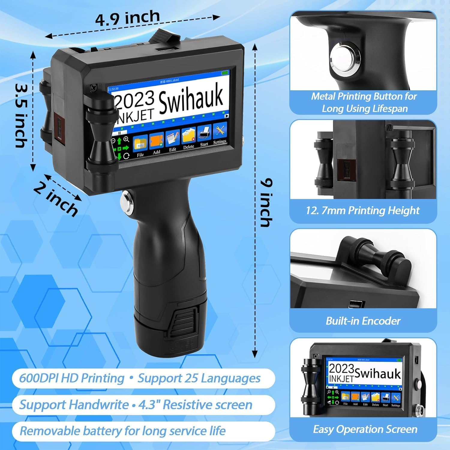 Handheld Inkjet Printer - 4.3" Touch Screen & Drying Ink Cartridge, Supports 28 Languages & QR Code Barcode - Ideal for Printing Production Dates, Times, Logos & Batches image number 2