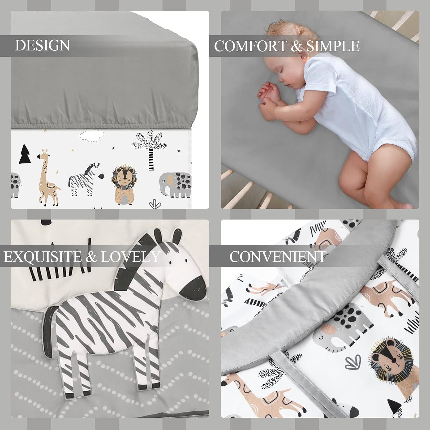 4 Piece Woodland Forest Animals Crib Bedding Set, Including Jungle Safari Crib Skirt, Blanket, Nursery Bed Sheet and Diaper Stacker, Soft Neutral Nursery Standard Size Baby Bedding for Baby Girls Boys image number 2