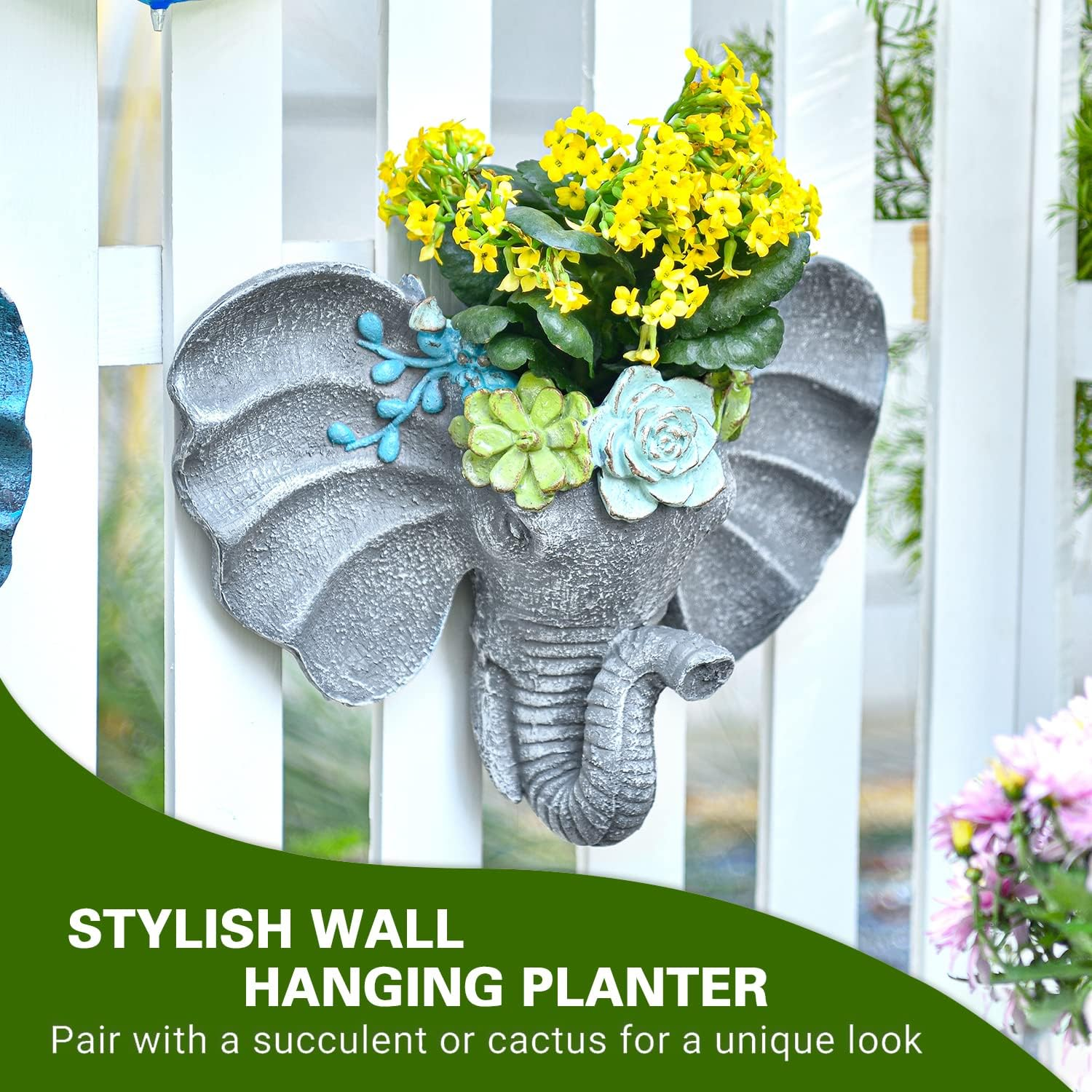 Sungmor Elephant Head Shaped Wall Hanging Planter Flower Plant Pot - Resin & Hand Painted & Grey - Sculpture Garden Wall Decoration Outdoor Plant Container image number 5