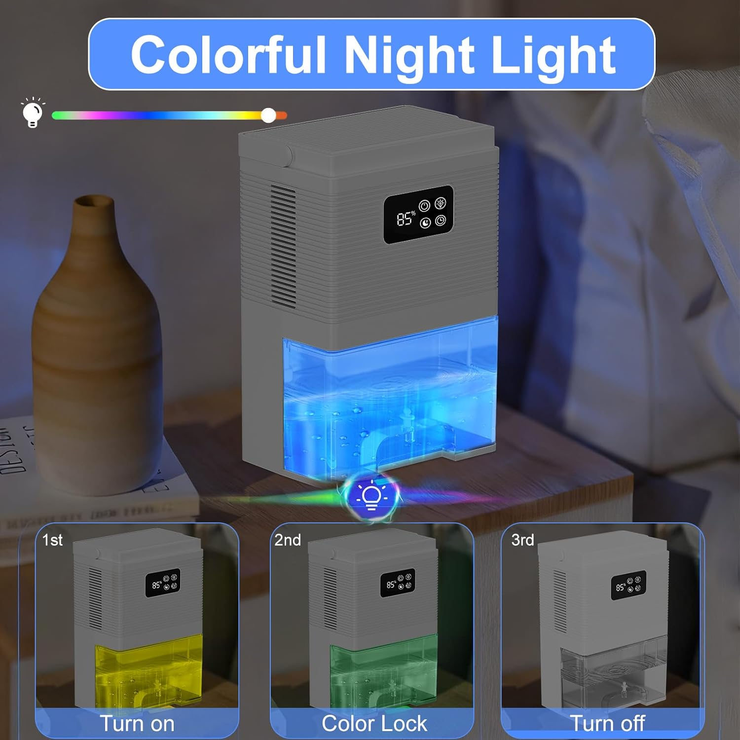 3000ML Dehumidifiers with Handle, Portable Dehumidifier Moisture Absorber, Air Purifier Dehumidifier for Home Air Purifier with Touchscreen Control, Night Lights & Auto Shut off for Room Damp image number 5