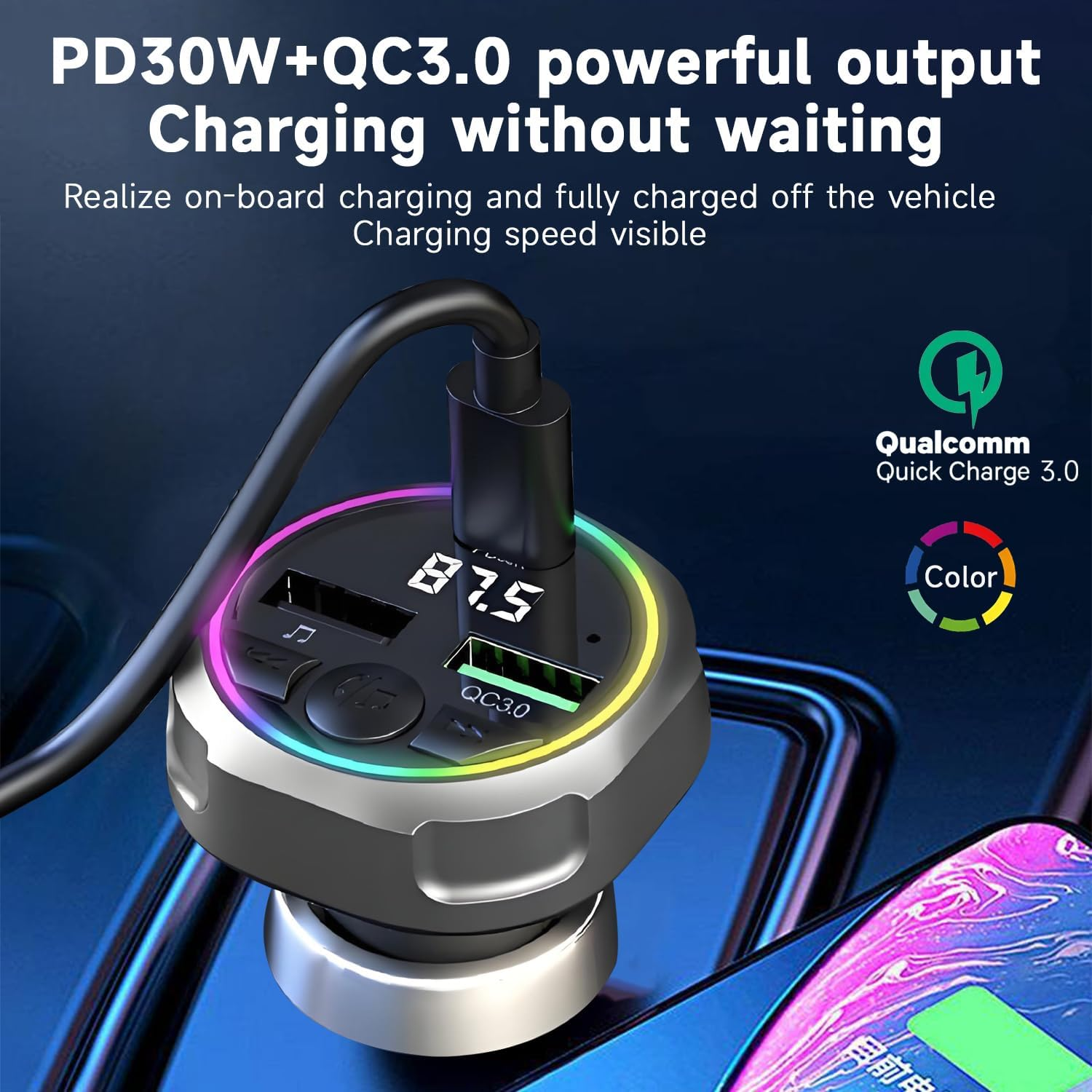 QUMOX Bluetooth 5.3 FM Transmitter Car Charger, PD 30W + QC3.0 Fast Charging, RGB Ambient Light, Dual USB Ports, Hands-Free Calling, Hi-Fi Music, Compatible with Iphone/Samsung/All Vehicles image number 2
