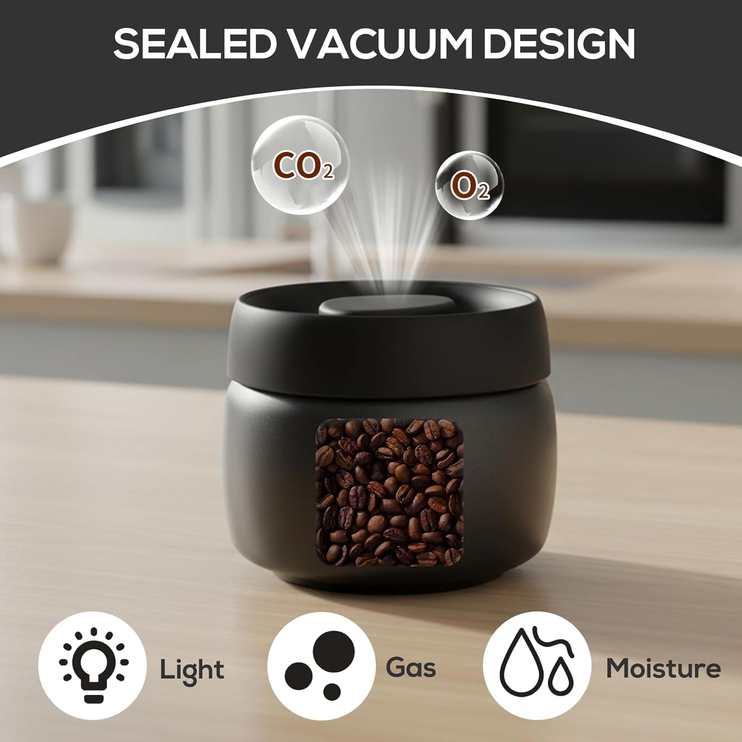 Cozary Stainless Steel Coffee Container, 400 Ml Vacuum Coffee Canister, Airtight, Coffee Beans Container with Vacuum Pump Lid, Airtight & Fresh, for Coffee Beans, Tea, Nuts, Seasoning (Black) image number 1