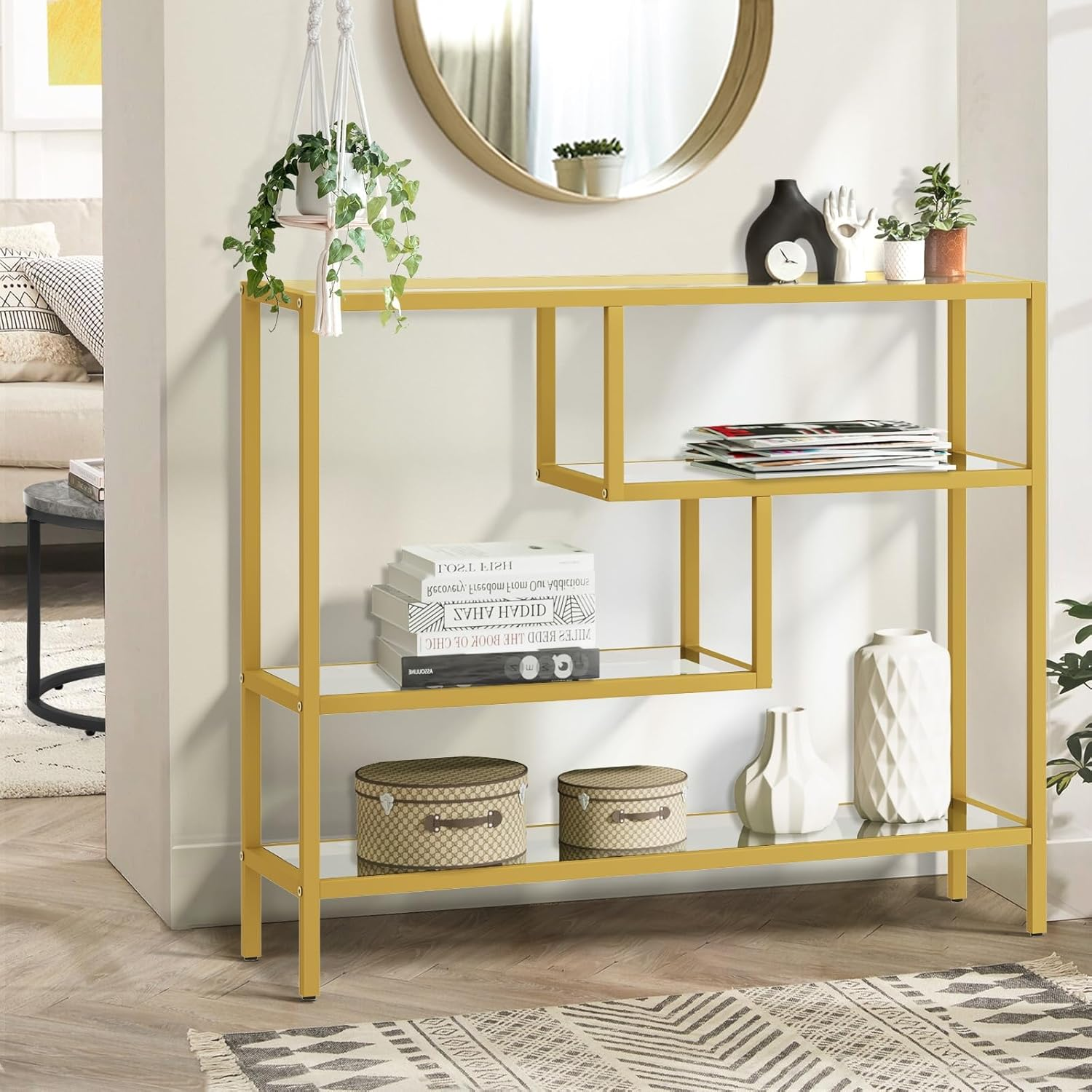 Oikiture Console Table Tempered Glass Sofa Table Hall Side Entry 4 Shelves Black