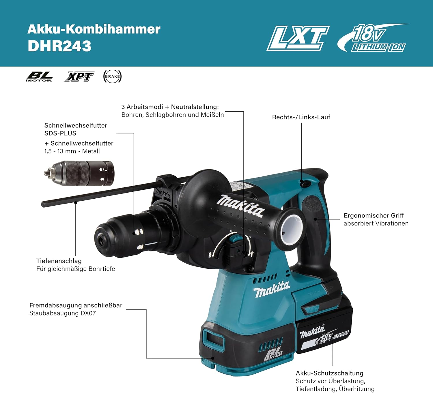Makita DHR243Z 18V Mobile Brushless 24 Mm SDS plus Rotary Hammer image number 3