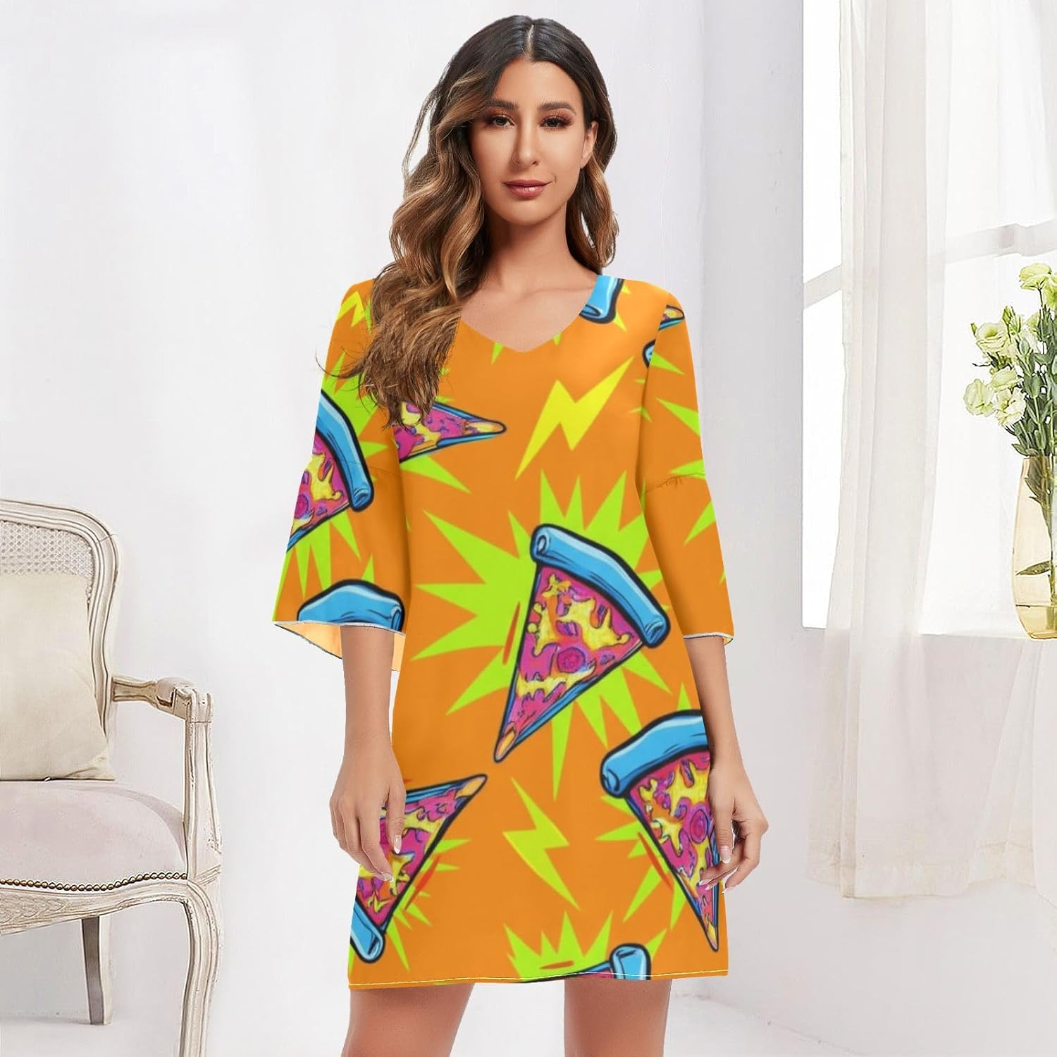 Cartoon Pizza Orange Casual Chiffon Dress Printed Line Maternity Dress S-XXL image number 3