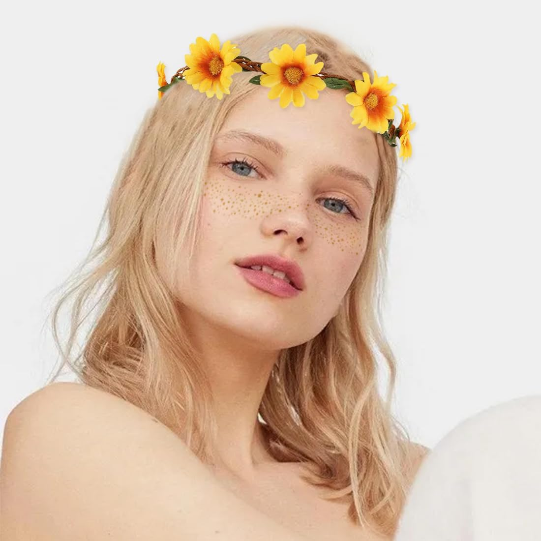 LQIOACU Pack of 2 Flower Wreath Sunflower, Headband Girls Spring, Sunflower Costume Women, Flower Decoration Hair, with 2 Children'S Tattoos image number 4