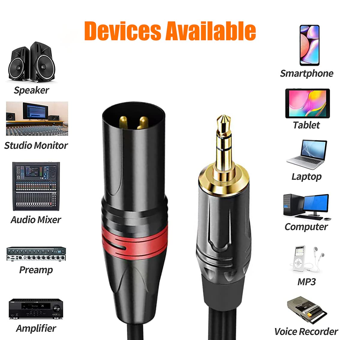 1/8 Inch to Dual XLR Male Y-Splitter Cable, Tunghey Unbalanced 3.5Mm Mini Jack TRS Stereo Aux to Double Male XLR Adapter Interconnect Breakout Patch Cord (1M) image number 2