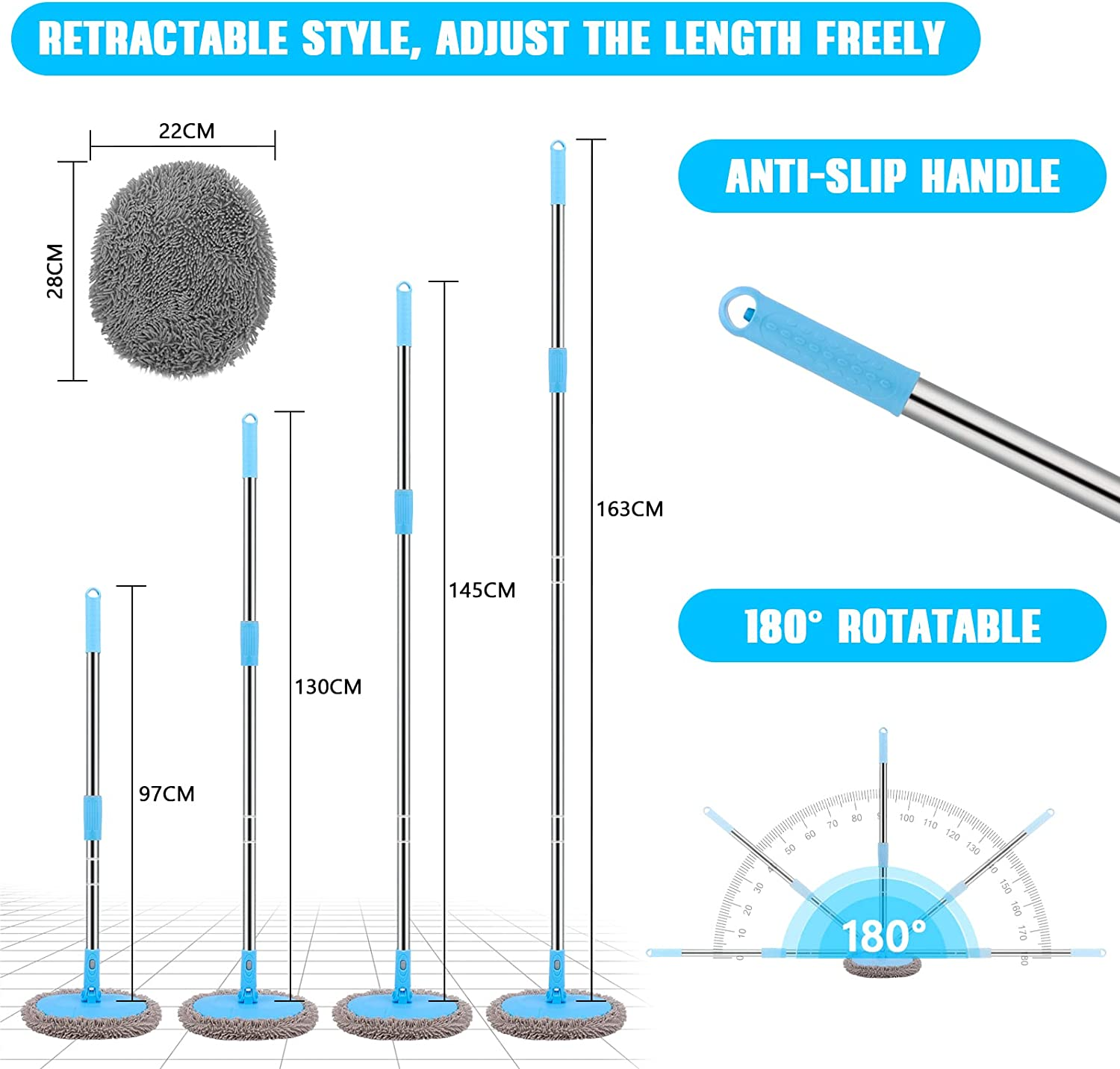 Beedove 64'' Car Wash Brush Mop Kit, 180&deg; Rotatable Microfiber Car Cleaning Kit with Long Handle, Chenille Car Wash Mop Cleaning Tool Kit for Clean RV SUV Truck Household image number 3