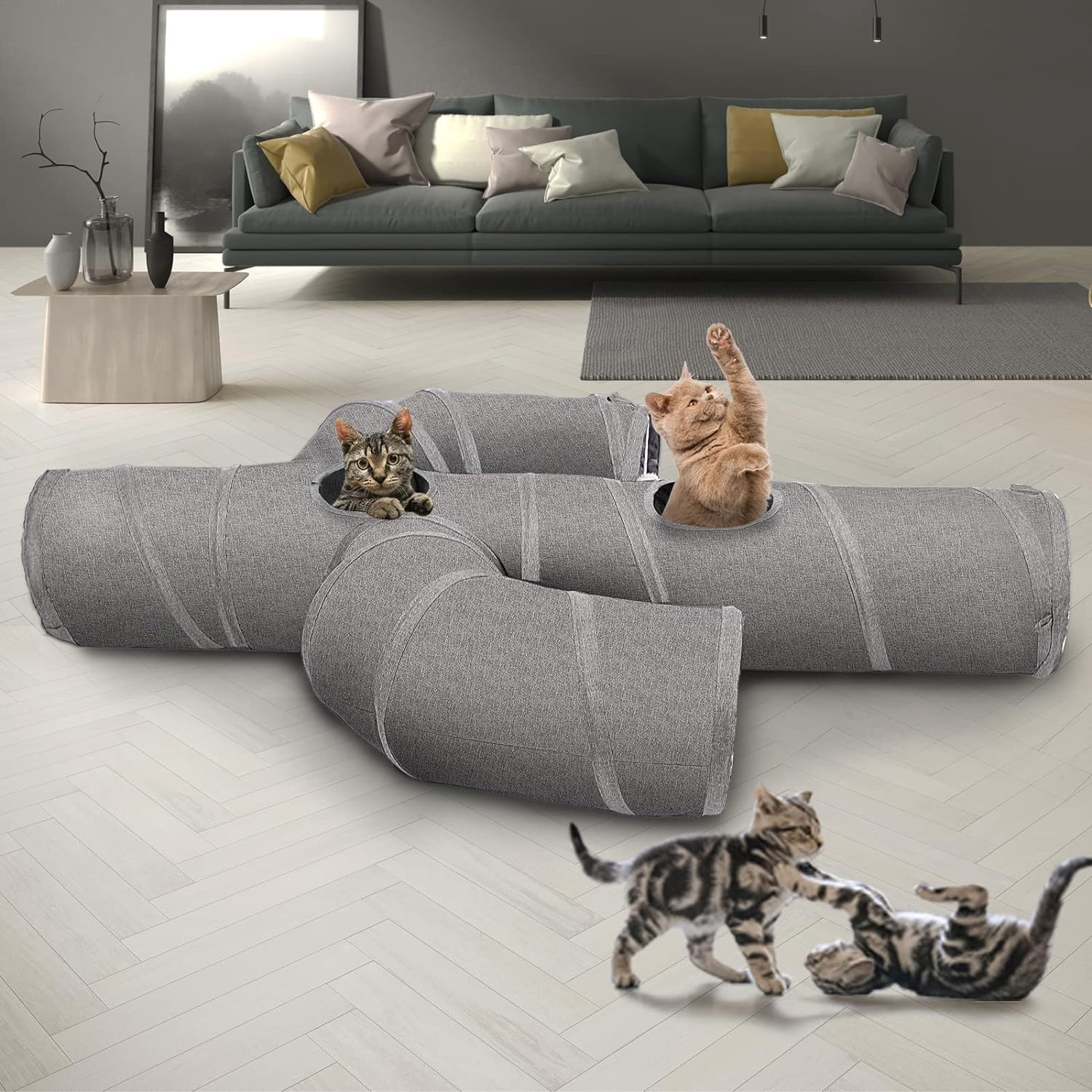 Ownpets Cat Tunnel Sturdy Oxford Fabric Cat Tunnel Toy, Cactus Shape Collapsible Cat Tunnels for Indoor Cats,Interactive Peek Hole Pet Tunnel Tube with Cat Wand Toy (Grey) image number 2