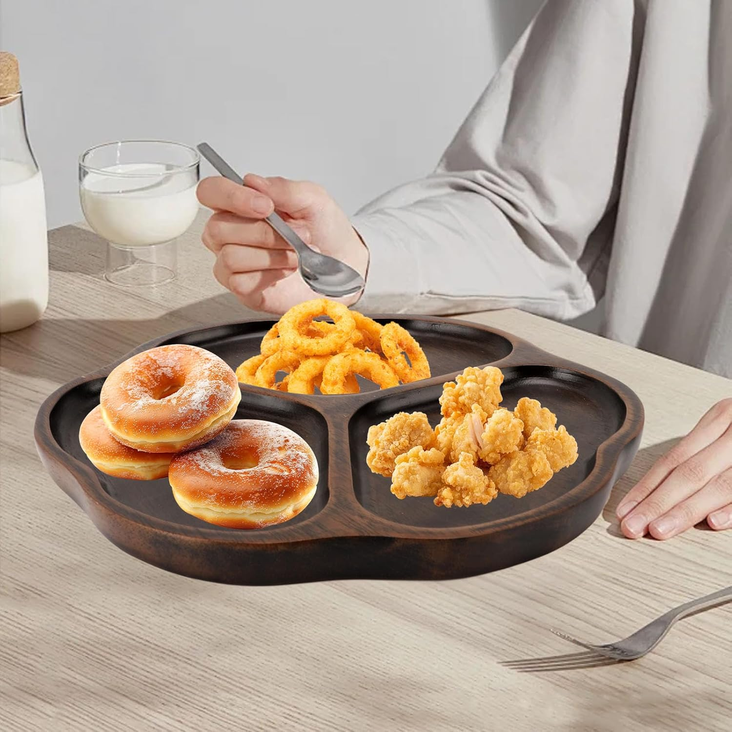 Wooden Chip and Dip Tray, Easy to Cleanup Elegant Home Decor Sectioned Ebony Serving Platter for Appetizers Snacks and Veggies(10.2In) (Style 1) image number 4