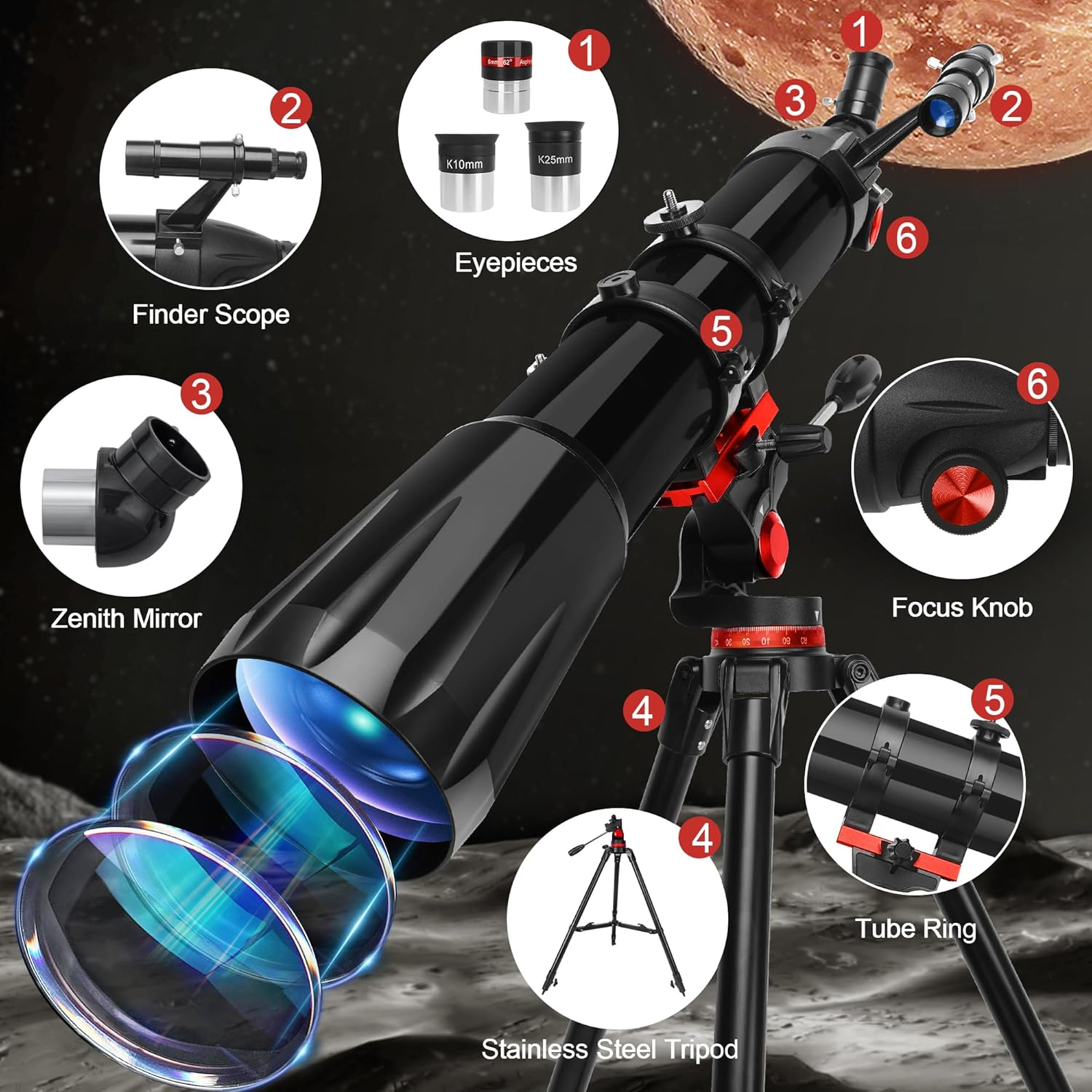 Telescope,Telescope for Adults High Powered, 90Mm Aperture 900Mm Professional Refractor Telescopes for Kids & Beginners, Magnification 450X,For Planet Observation with Stainless Tripod & Phone Adapter image number 2