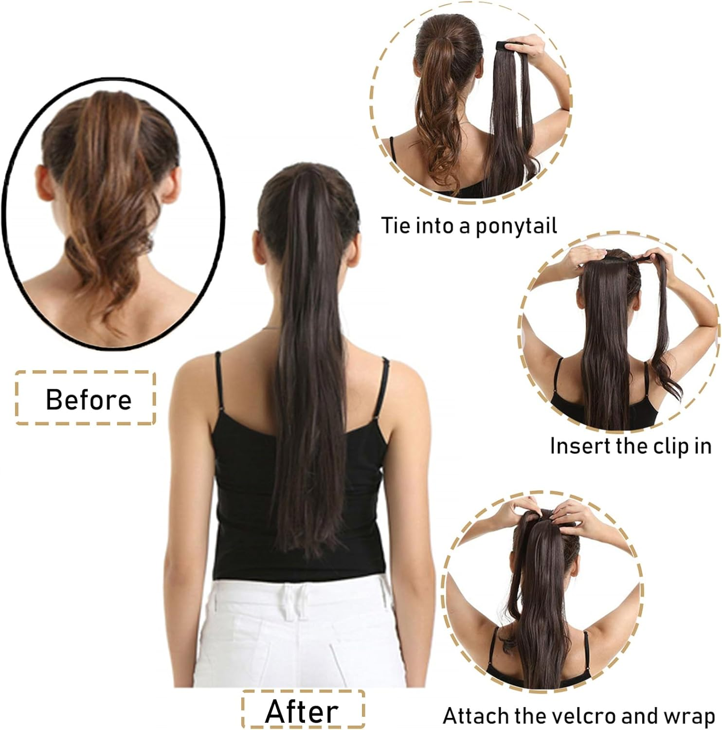 NASHRIO Ponytail Extension 60Cm Long Straight Wrap around Clip in Synthetic Fiber Hair Ponytail Hair Extensions Hairpiece for Women Girls Daily Wear,120G image number 1