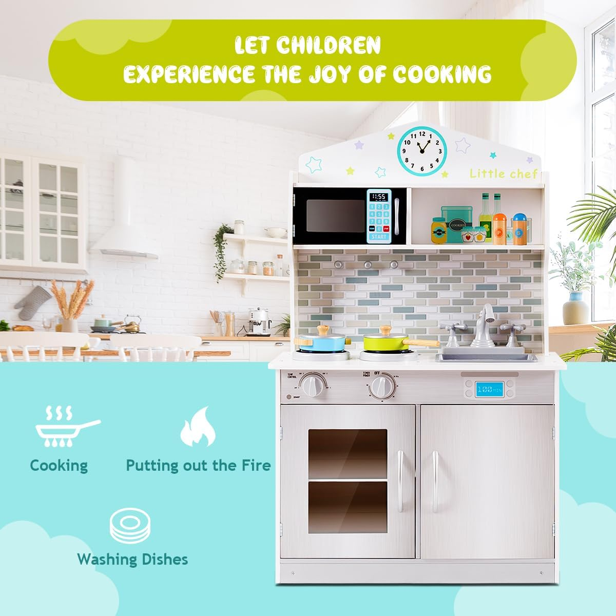 HONEY JOY Kids Kitchen Playset, Pretend Chef Cooking Play Set for Children with Microwave, Pan, Sink, Storage Cabinet, Stove, Cookware Accessories Kitchen Play Toy Set for Boys Girls (Silver) image number 5