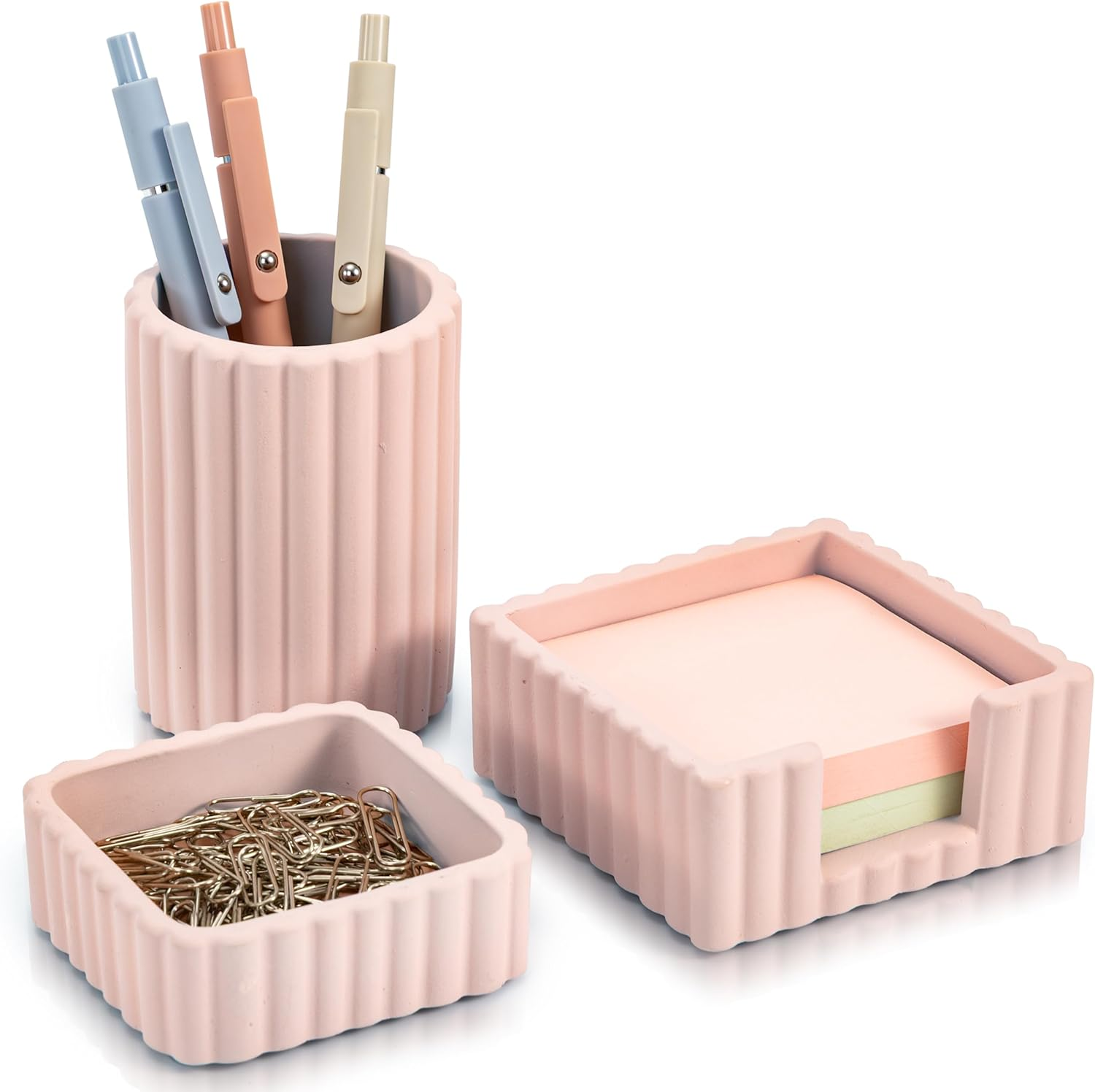 KIBAGA Modern Aesthetic Desk Accessories Set of 3 - Stylish Concrete Organizers for Pens & Office Supplies - a Cute and Functional Addition to Your Workspace Decor