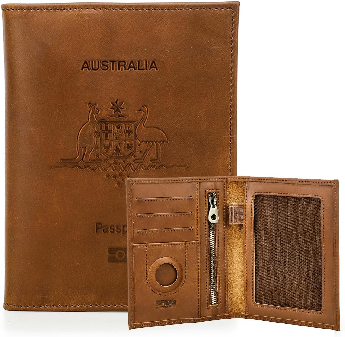 Contacts Full Grain Leather Passport Holder for Women RFID Blocking Travel Passport Wallet Slim Compatible with Airtag Passport Case with Coin Pocket, 4 Card Slot (Badge, Red)