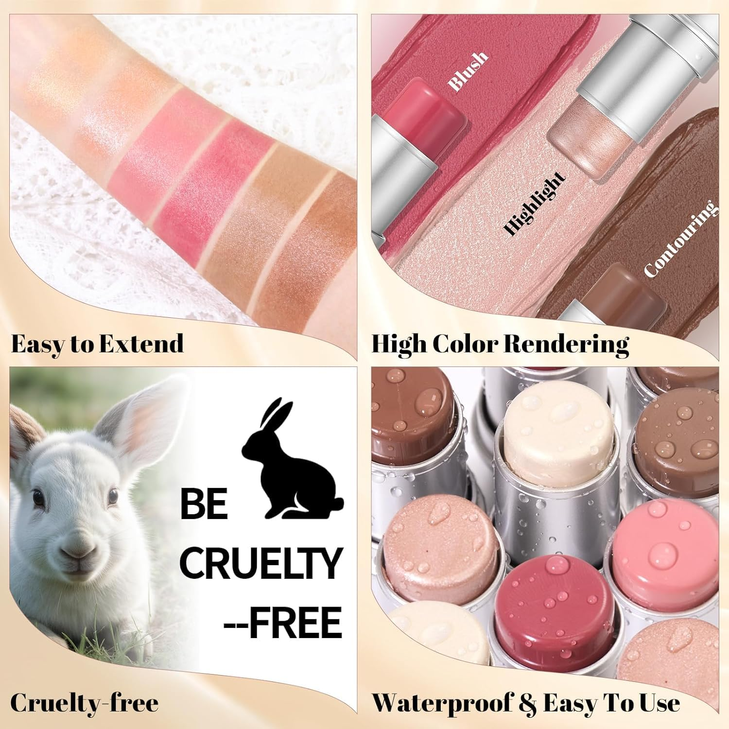 4 Pcs Cream Waterproof Blush Contour Highlighter Stick for Cheeks, Shades with Highlighter & Bronzer & Blush Makeup Stick, Easy to Sculpt the Face and Create a Lightweight Finishing Makeup image number 5