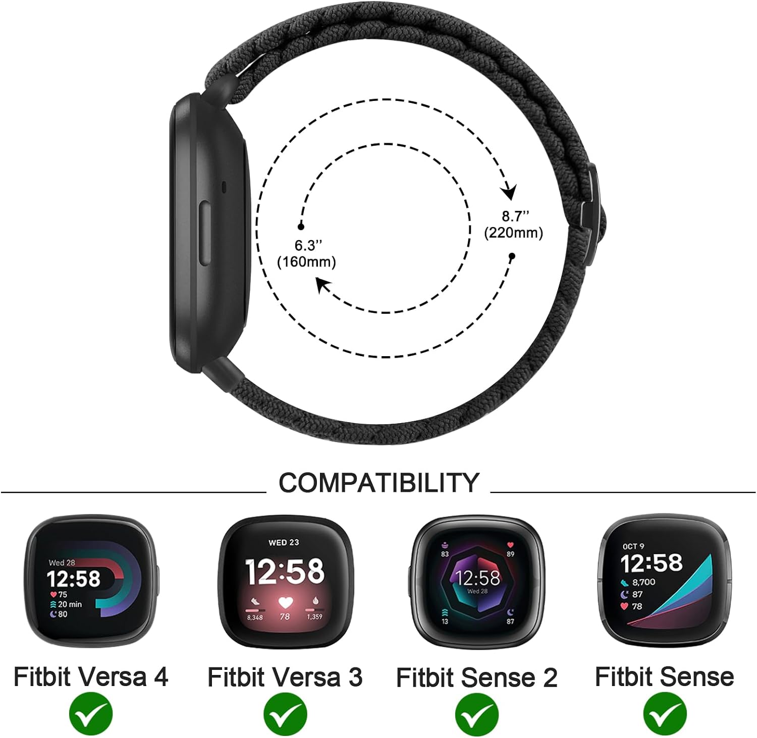 Elastic Solo Loop Bands for Fitbit Versa 4 Bands&Fitbit Versa 3 Bands, Fitbit Sense 2 Bands&Fitbit Sense Bands Women/Men, Adjustable Stretchy Braided Sport Replacement Sport Straps image number 5