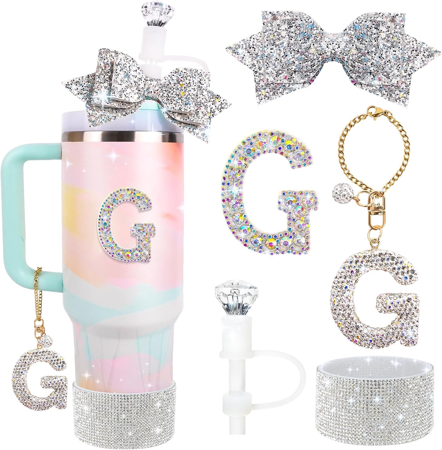 Water Bottle Accessories Set for Stanley Cup 30Oz 40Oz, Bling Letter Charms, Diamond Straw Cover, Glitter Silicone Boot, Personalized Sticker, Bow Straw Topper for Stanley Cup Accessories (G) image number 2