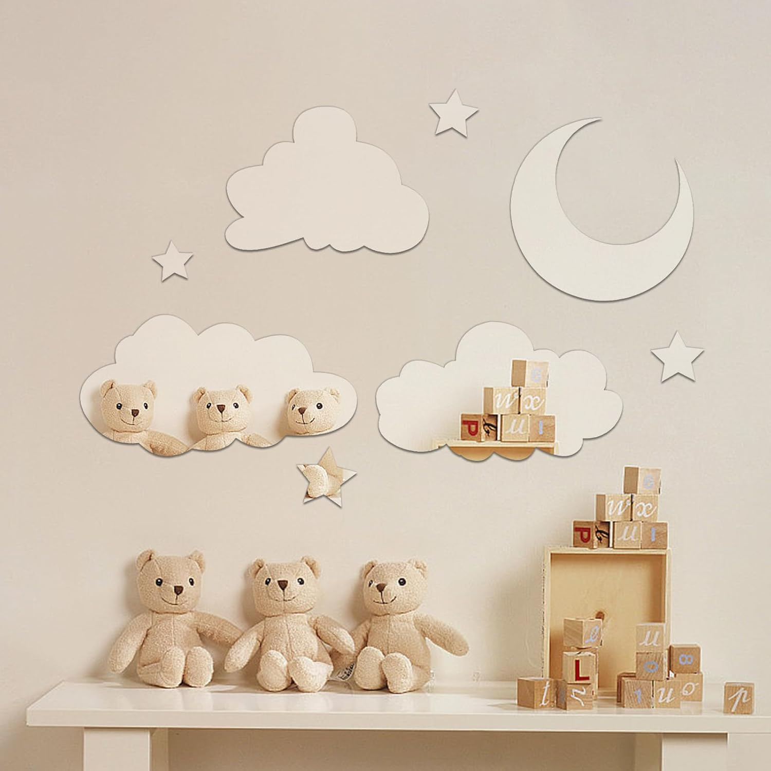 3D Moon and Clouds Mirror Wall Decor Acrylic Mirror Wall Decals Self Adhesive Decorative Moon Star Cloud Wall Decals for Baby Kids Children'S Living Room Bedroom Nursery Wall Decor image number 4