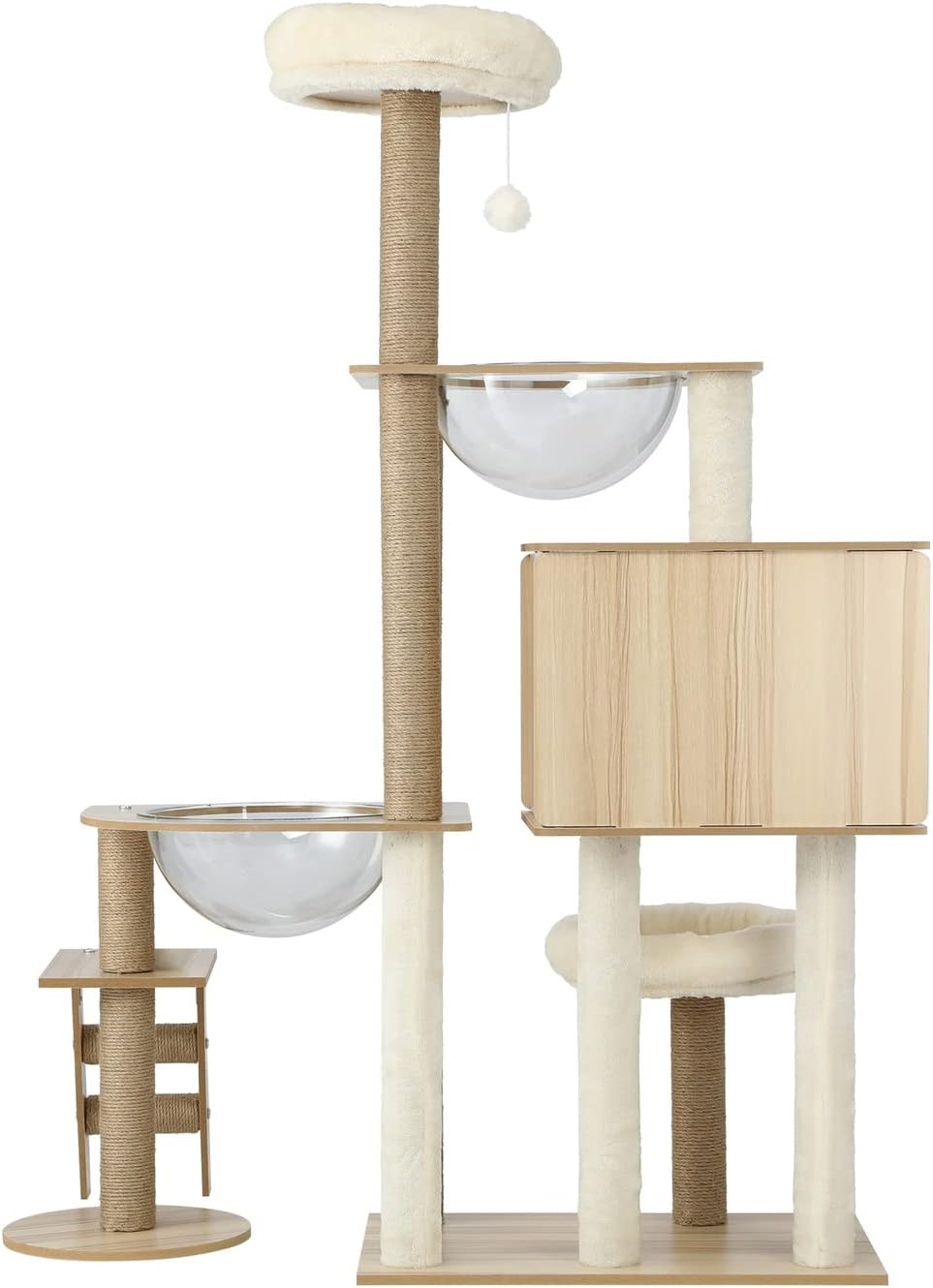 ALOPET Cat Tree with Ladder, 142Cm Cat Tower W/Sisal-Wrapped Scratching Posts, Hanging Activity Ball, Acrylic Bowl, Multi-Level Platforms Cats Condo House Bed for Indoor Cats Kitten Playing, Wood image number 4