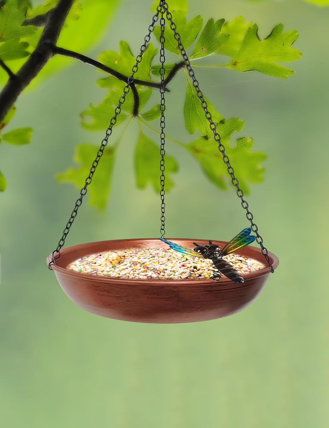 Hanging Birdbath Bird Feeder for Outdoor 11&rdquo; Antique Copper Cute Small Metal Bird Bath Bowl with Detachable Black Chain Metal Dragonfly for Garden Backyard Decor image number 6