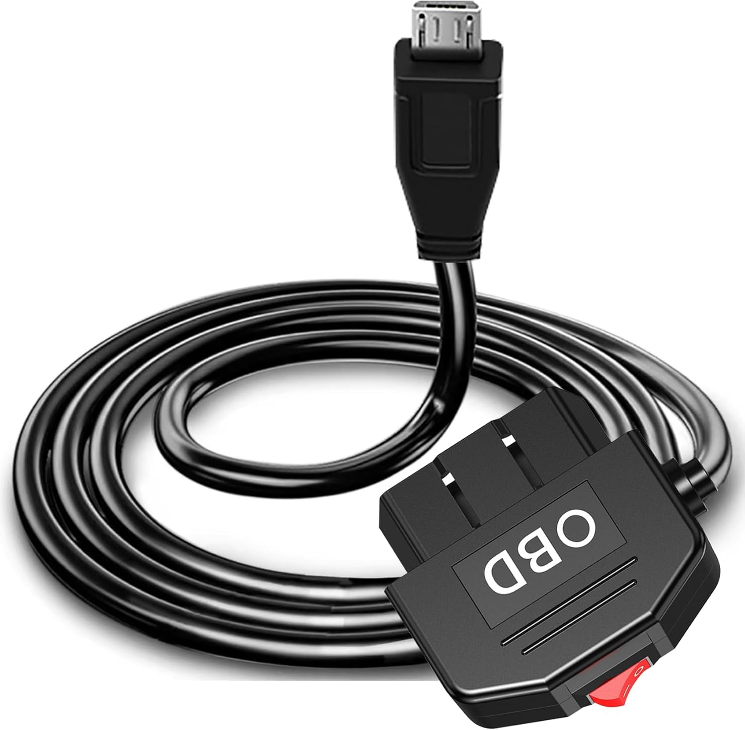 Tunghey Micro USB OBD2 OBD Power Cable for Dash Camera, OBD to Micro USB OBDII Adapter Hardwire Charger Cable 24 Hours Surveillance and Acc Two Mode with Switch Button 3.5M (Right Angle)