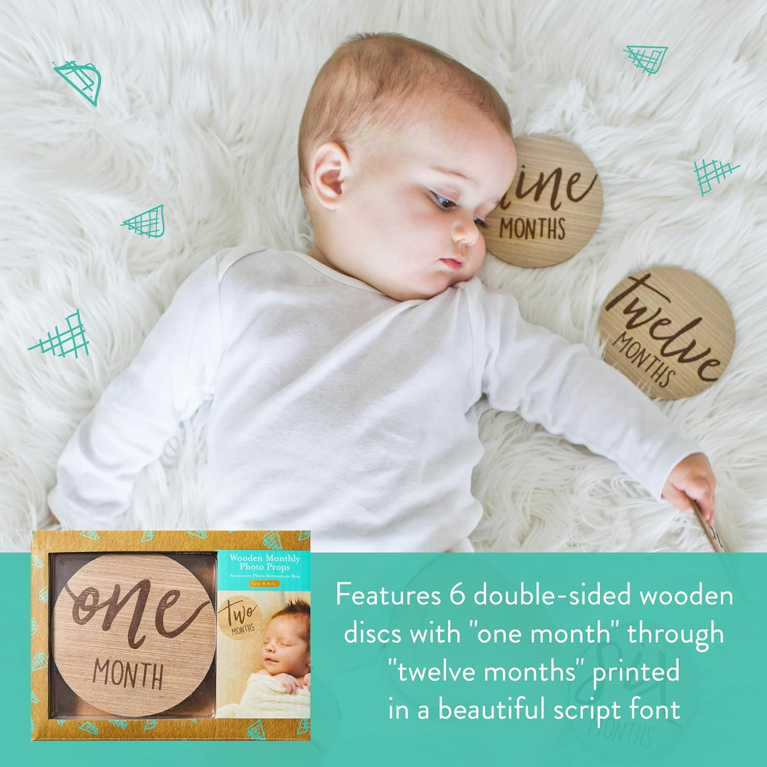 Kate & Milo Baby Monthly Milestone Marker Discs - Classic Cursive Script Wooden Discs with Reversible Photo Props for Baby Announcement and Milestones, Gender-Neutral Newborn Boy and Girl image number 5