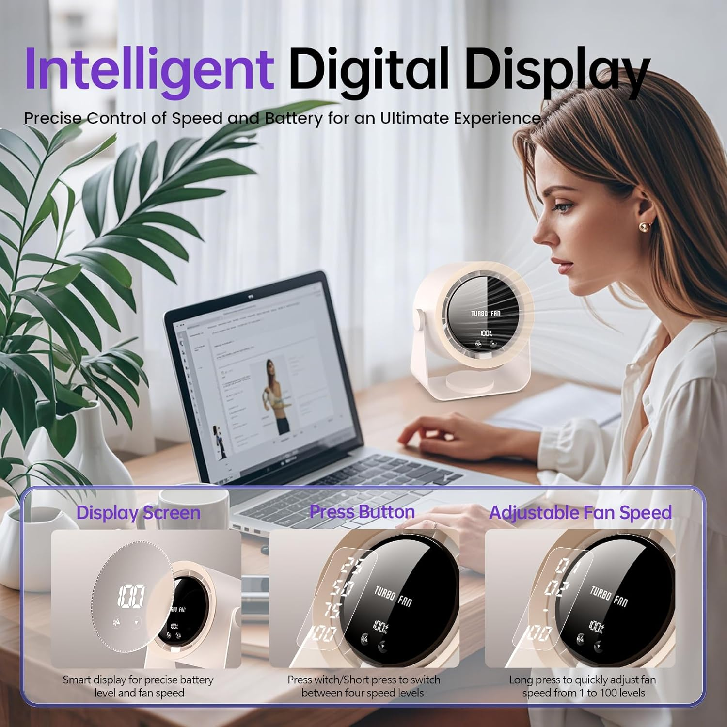 USB Desk Fan with LED Display & 5400Mah Battery, 5-Speeds Adjustable, 90&deg; Tilt Hangable Quiet Portable Table Rechargeable Desktop Fan for Bedroom, Office, Dorm, Kitchen, Wall, Home (Khaki) - Pink image number 6