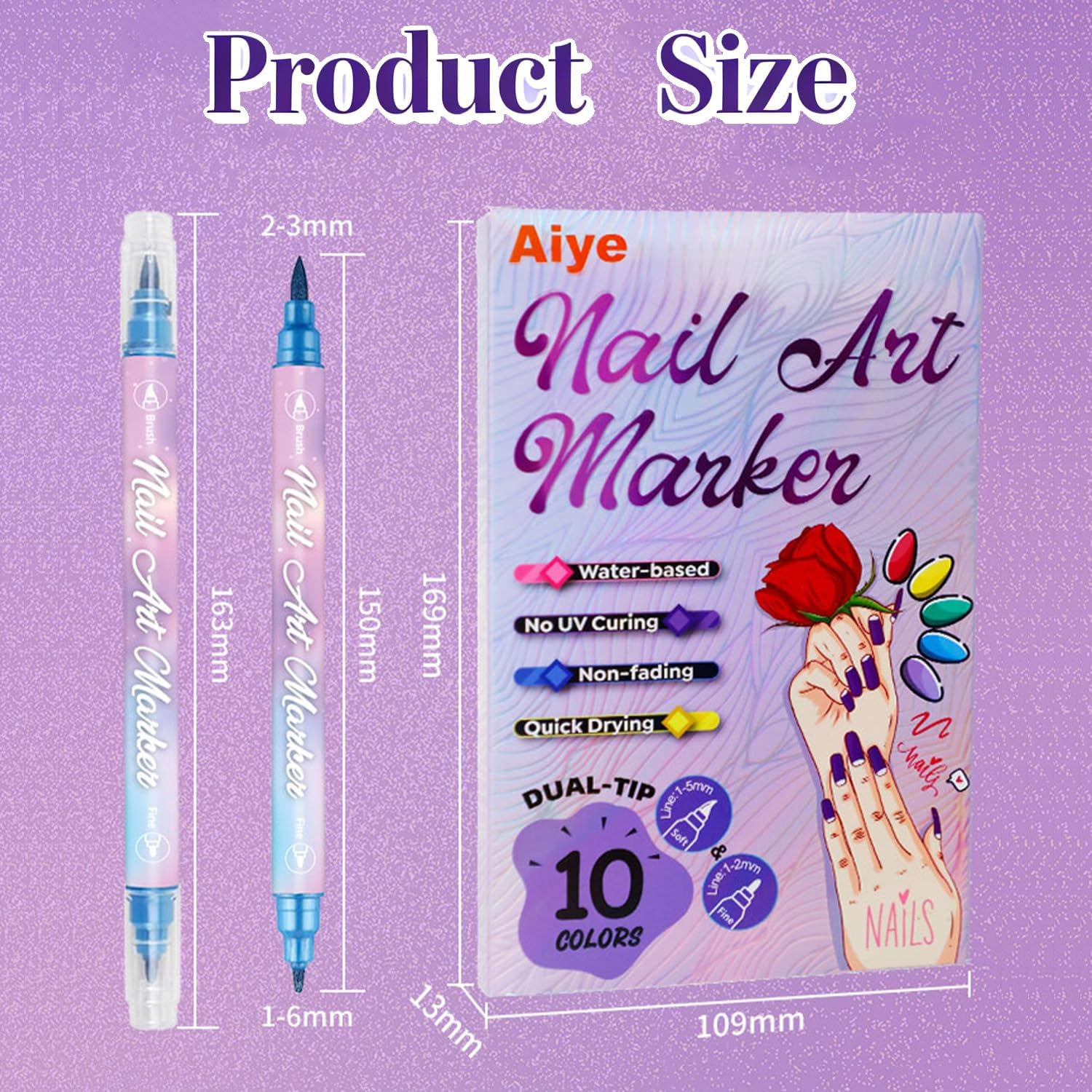 10 Color Metal Nail Art Pens Set, 3D Double Ended Nail Art Markers Graffiti Acrylic Paint Pen, Quick-Drying Dotting Drawing Painting Liner Pen for Home Salon Manicure DIY Tool image number 6