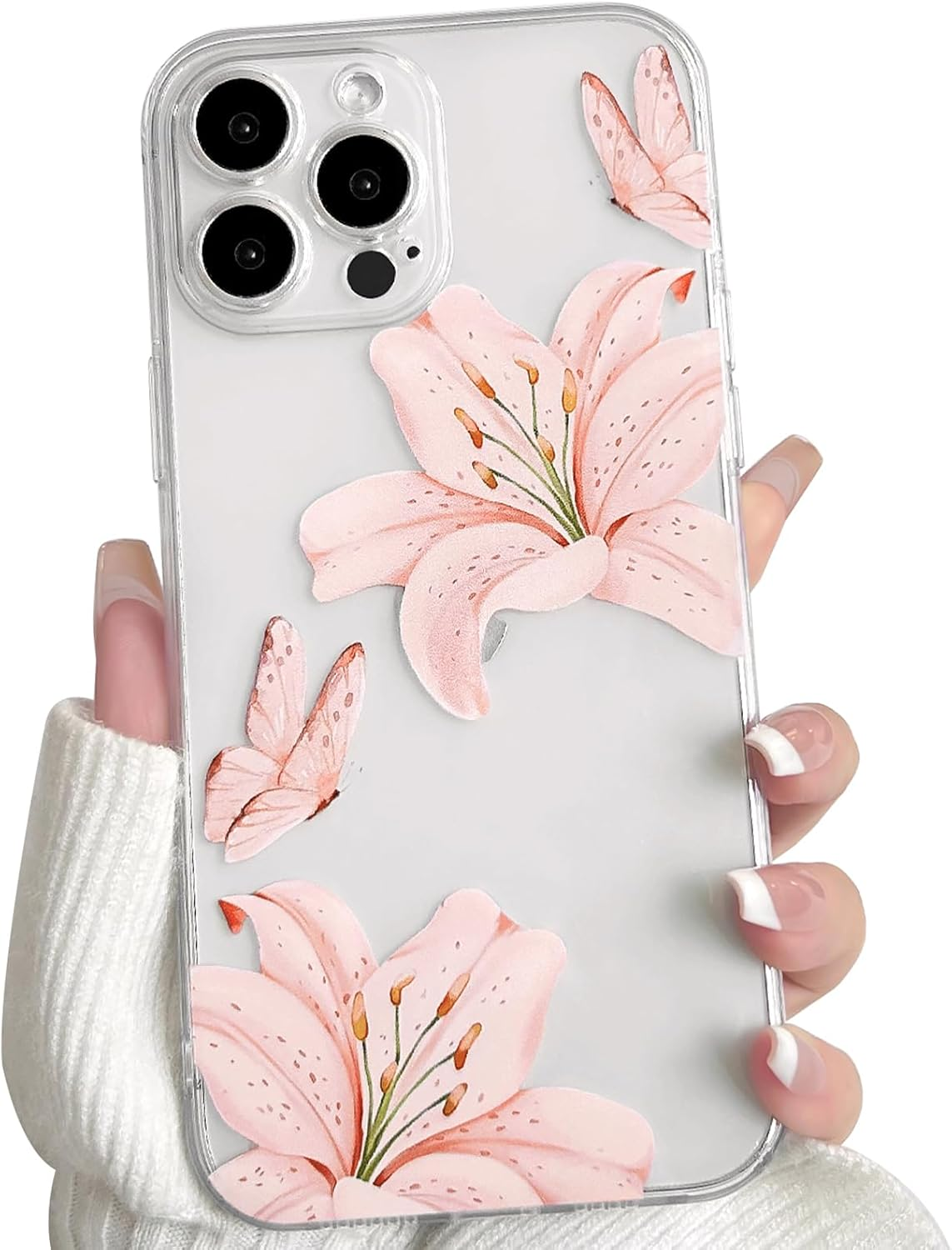 NITITOP Compatible with Iphone 11 Case Clear Cute Butterfly Lily Flower Floral Pattern for Women Girls Full Camera Lens Clear Slim Shockproof Protective Phone Cover - Pink