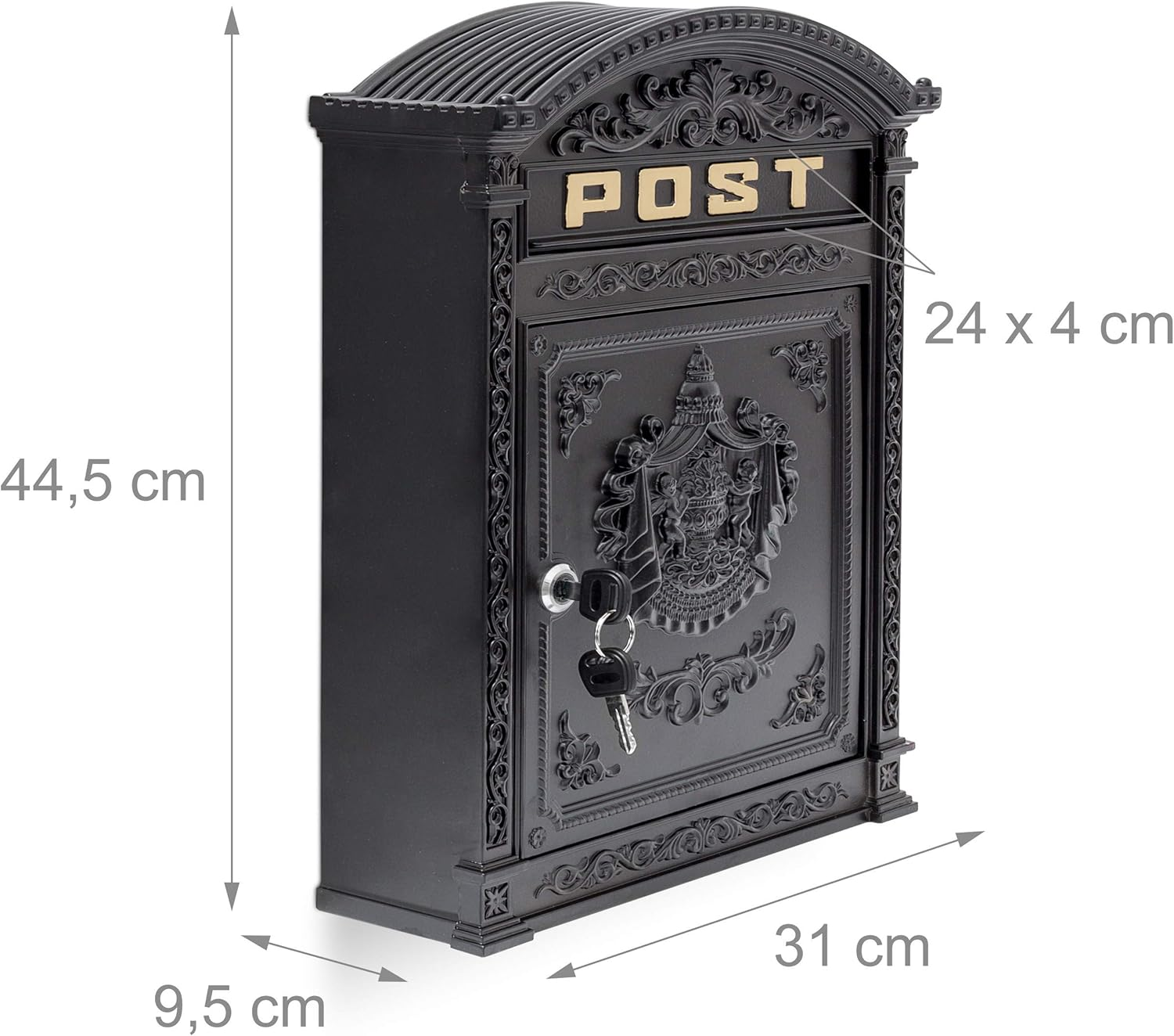 Relaxdays Antique Letterbox, 44.5 X 31 X 9.5 Cm, English-Style Wall-Mount Mailbox, Cast Aluminum, for DIN A4 Letters, with Roof, Black - Black image number 4
