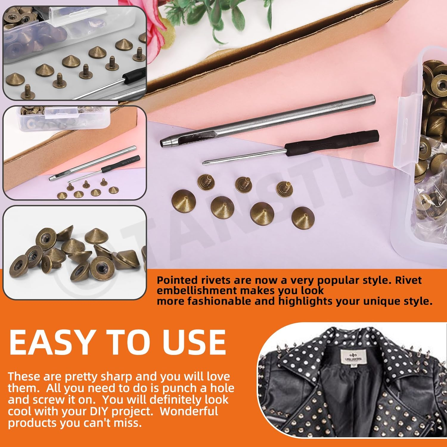 Tanstic 100 Sets(202Pcs) Bronze Cone Spikes and Studs Kit, 10 X 4.7Mm Metal Spikes and Studs Bullet Cone Spikes Studs Screw Back Punk Studs with Installation Tools for Leather Craft - Bronze image number 4
