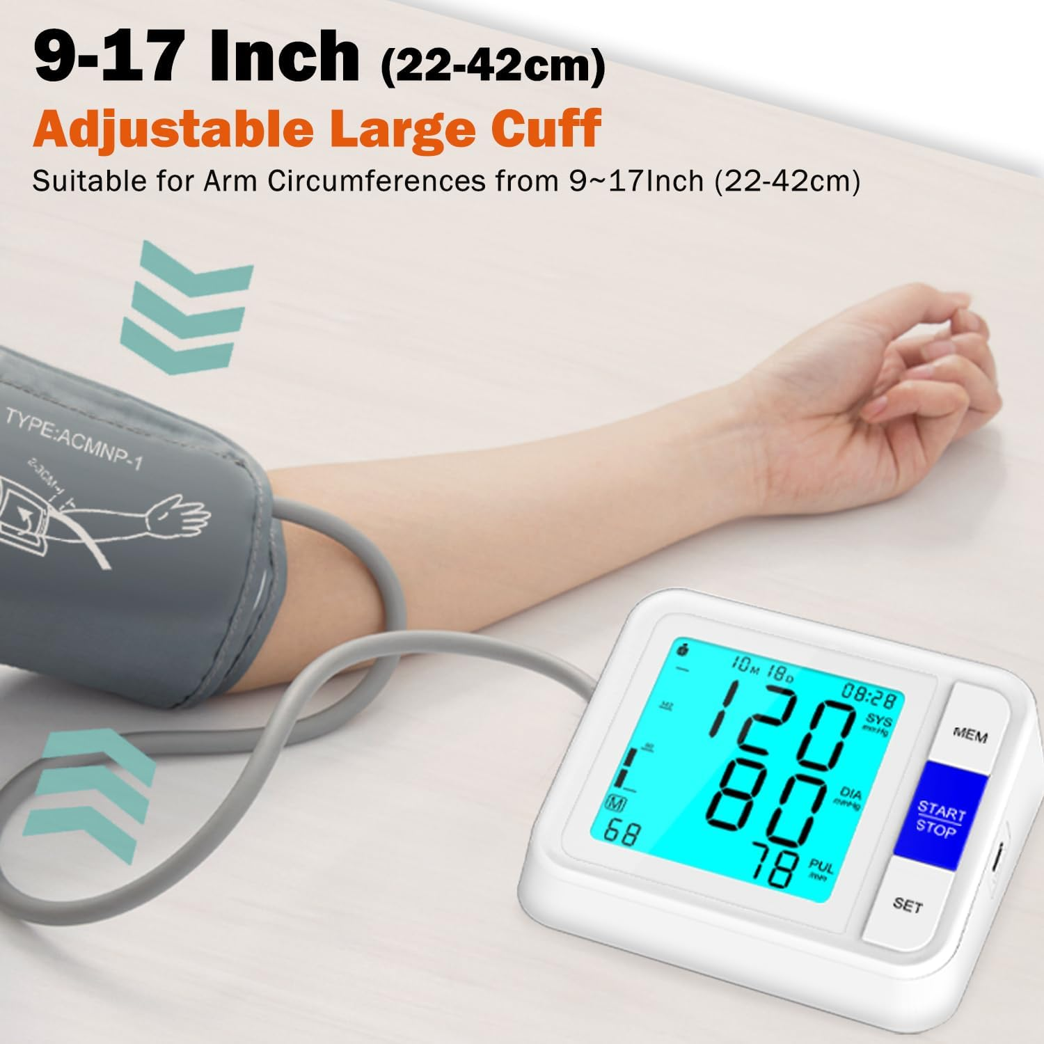 Upper Arm Blood Pressure Monitor with Wide Range Cuff 8.7"-16.5", 4" Large Backlit Display Automatic BP Machine, Dual-User 2&times;90 Memory Accurate Tensiometro Digital for Home Use with Storage Bag image number 4