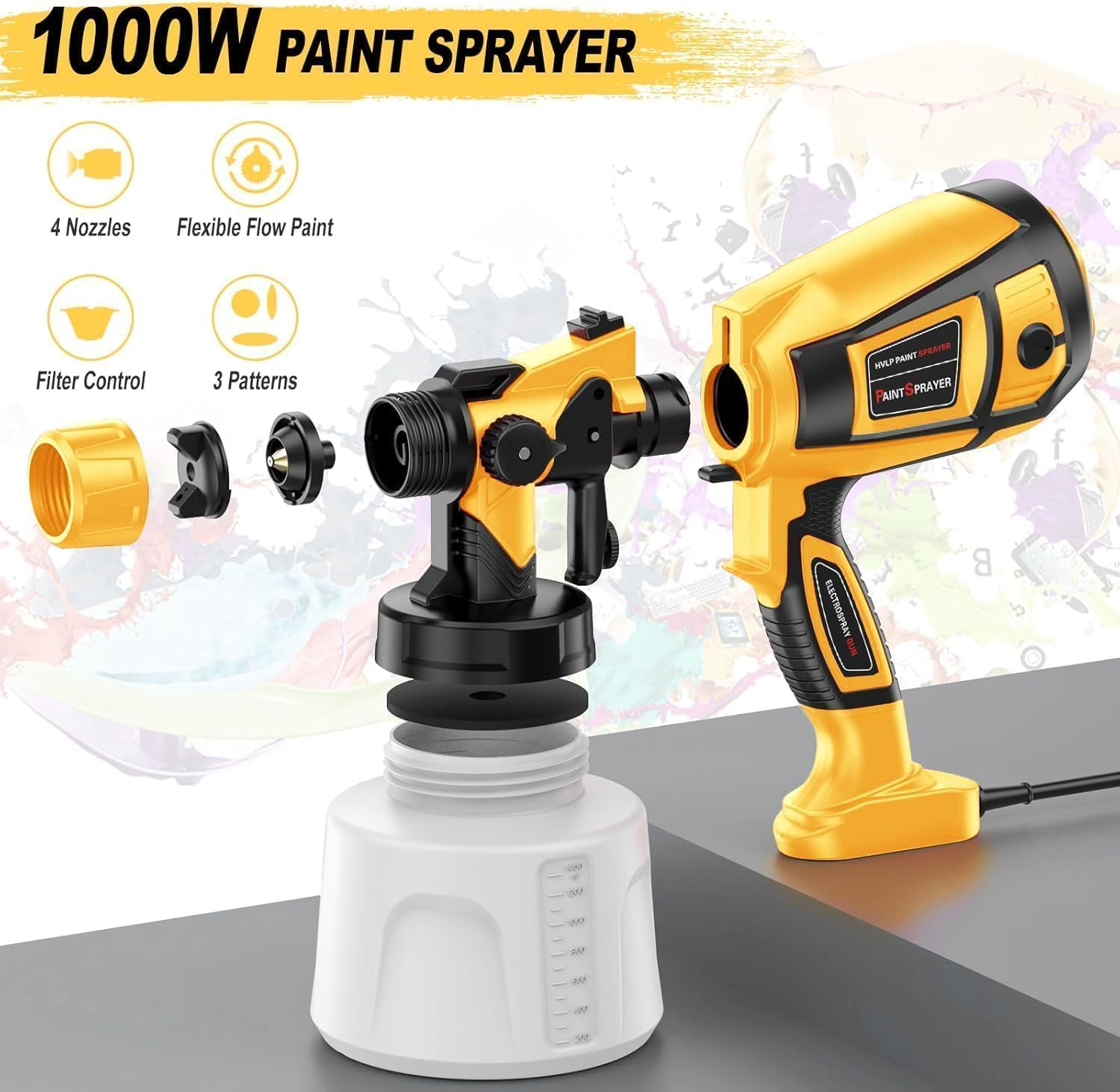 Paint Sprayer, 850W High Power Electric Spray Paint Gun with Adjustable Spray Width Knob, 1400ML Container, 4 Nozzles & 3 Patterns, Easy to Clean for Furniture Cabinets House Painting image number 1