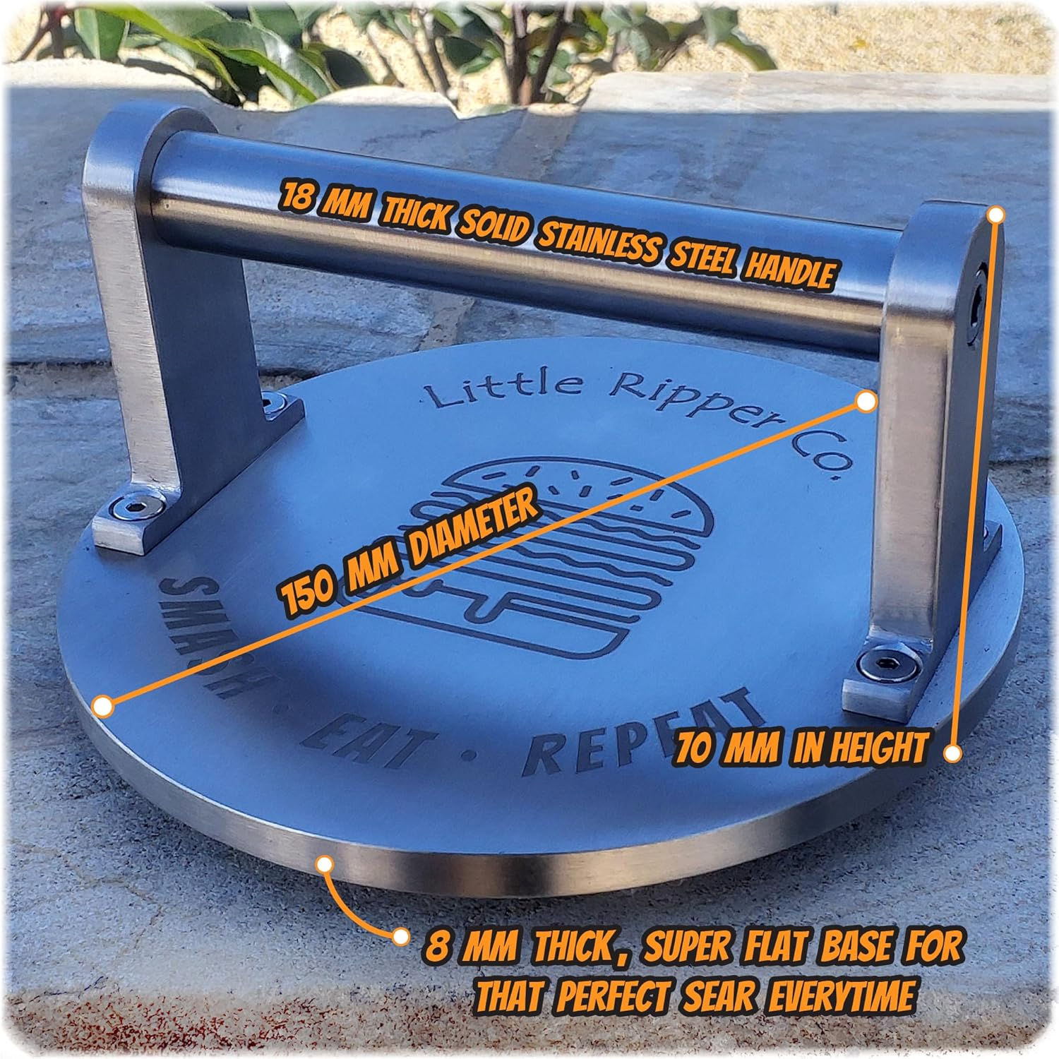 1.5Kg Smash Burger Press. Heavy Duty Commercial Quality Food Grade 304 Stainless Steel for BBQ & Kitchen Use. 150Mm Wide X 8Mm Thick Flat Base. Dishwasher Safe image number 5