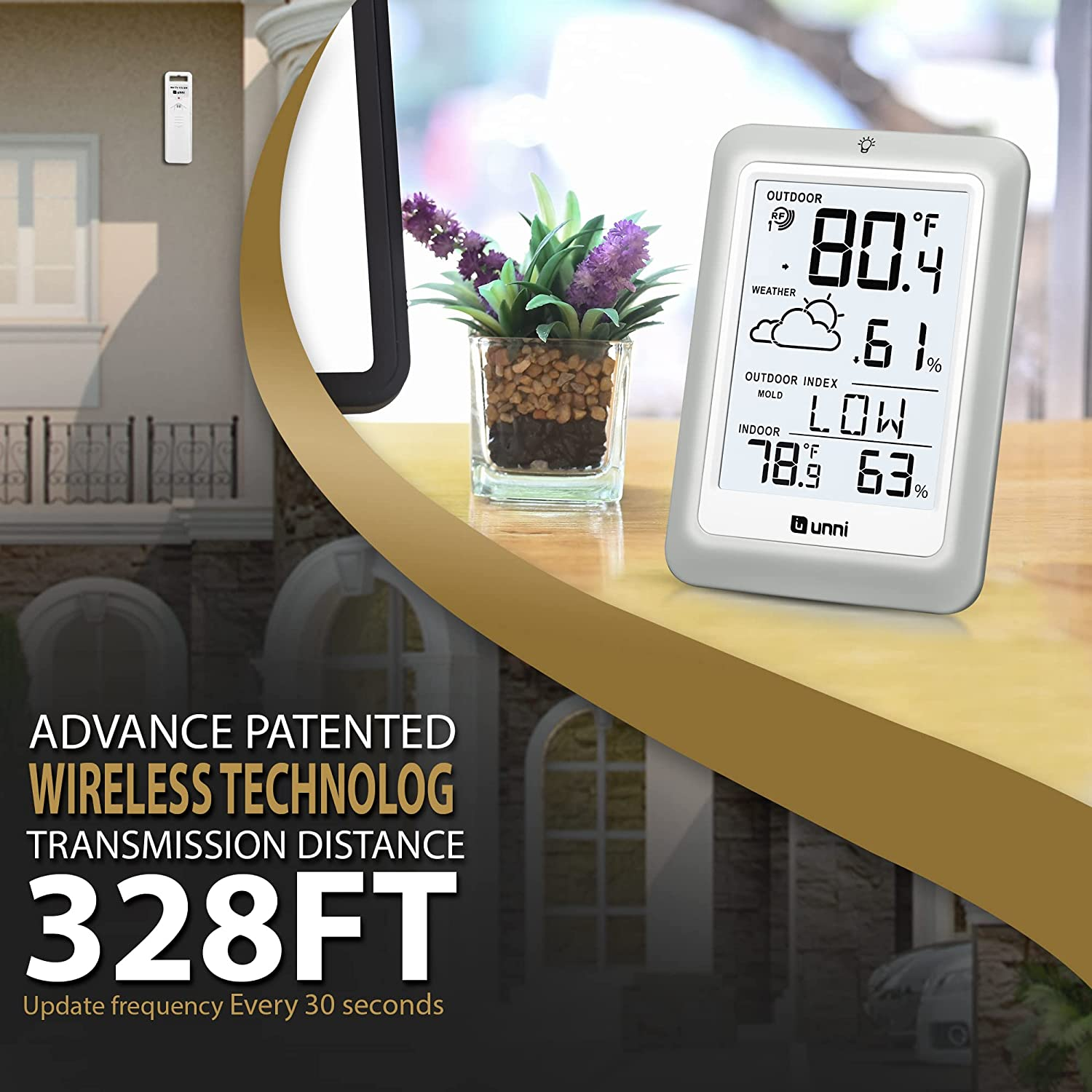 Indoor Outdoor Thermometer Hygrometer Wireless Weather Station, Temperature Humidity Monitor Battery Powered inside outside Thermometers with 330Ft Range Remote Sensor and Backlight Display - White image number 4