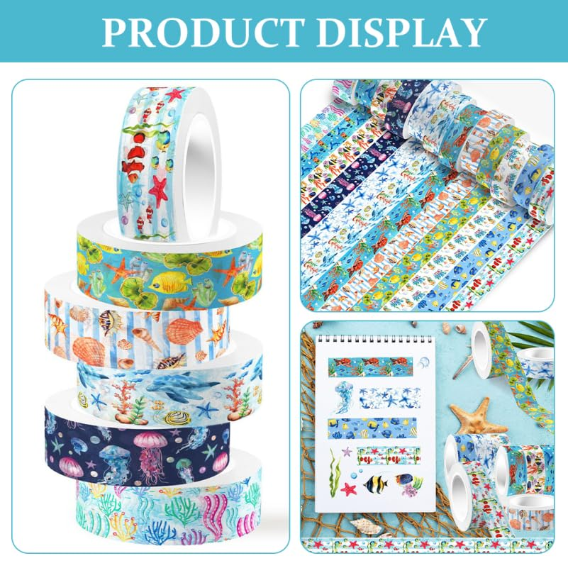 STOBOK Washi Tape Ocean Animal Theme - 12 Rolls, Scrapbook Supplies Paper Stickers Stickers for Scrapbooking Journals DIY Crafts Notebook Collage Album Aesthetic Picture Frames image number 2