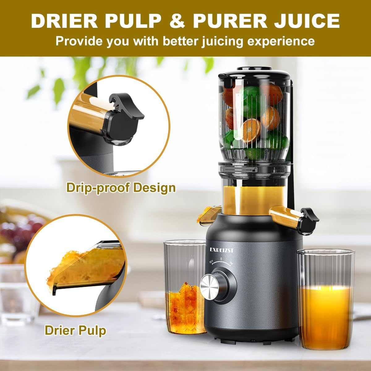 Cold Press Juicer Machines - Electric Slow Juicer with 1.2L and 103Mm Large Feed Chute for Whole Fruits and Vegetables, 250W Masticating Juicer Extractor Easy to Clean, High Juice Yield,Bpa Free, Grey image number 2
