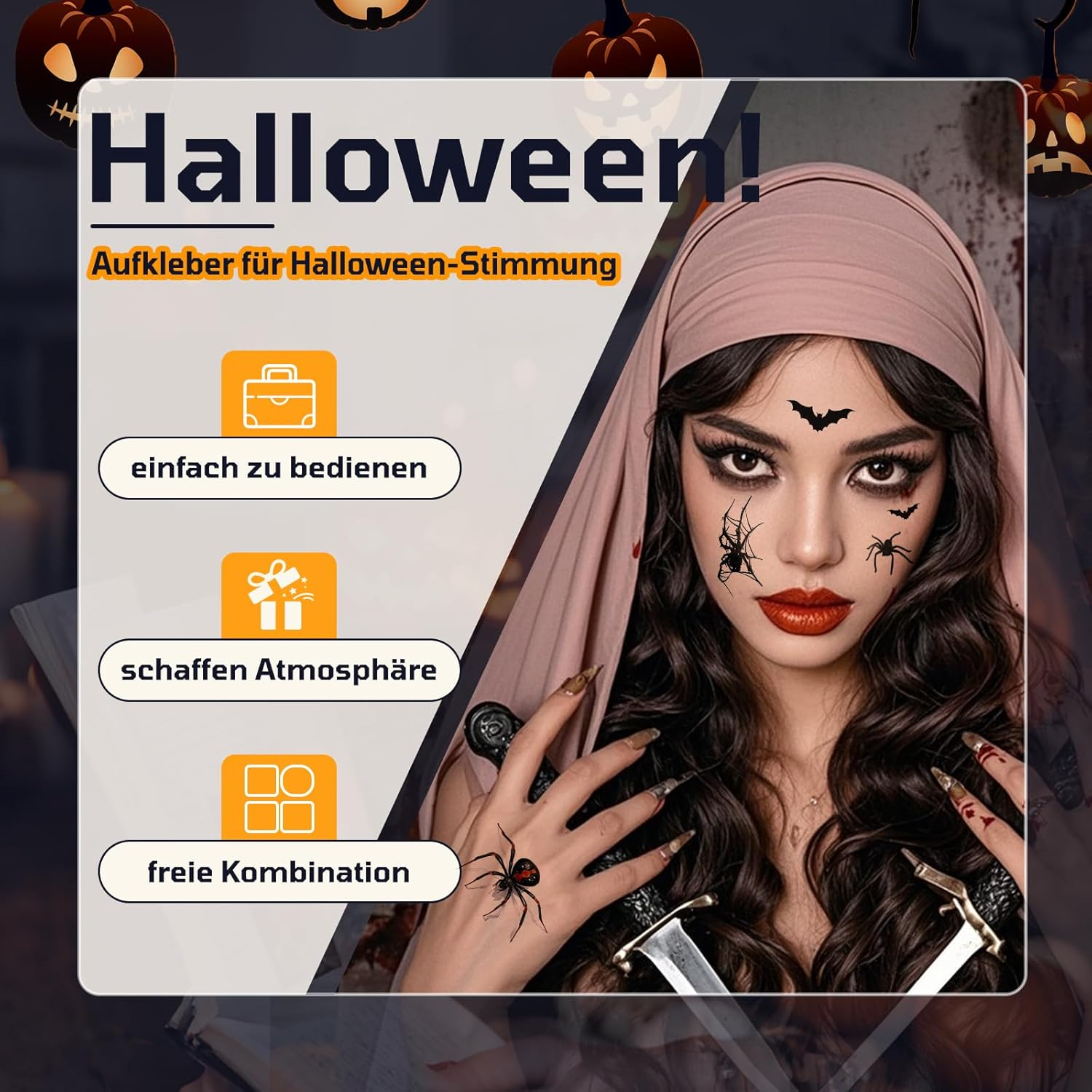 12 Sheets Face Tattoo Carnival, Large Size Bat Spider Tattoo, Adults Children Halloween Fancy Dress Tattoo Witch Accessories for Carnival Make-Up Halloween Masquerade Party - Bat image number 4