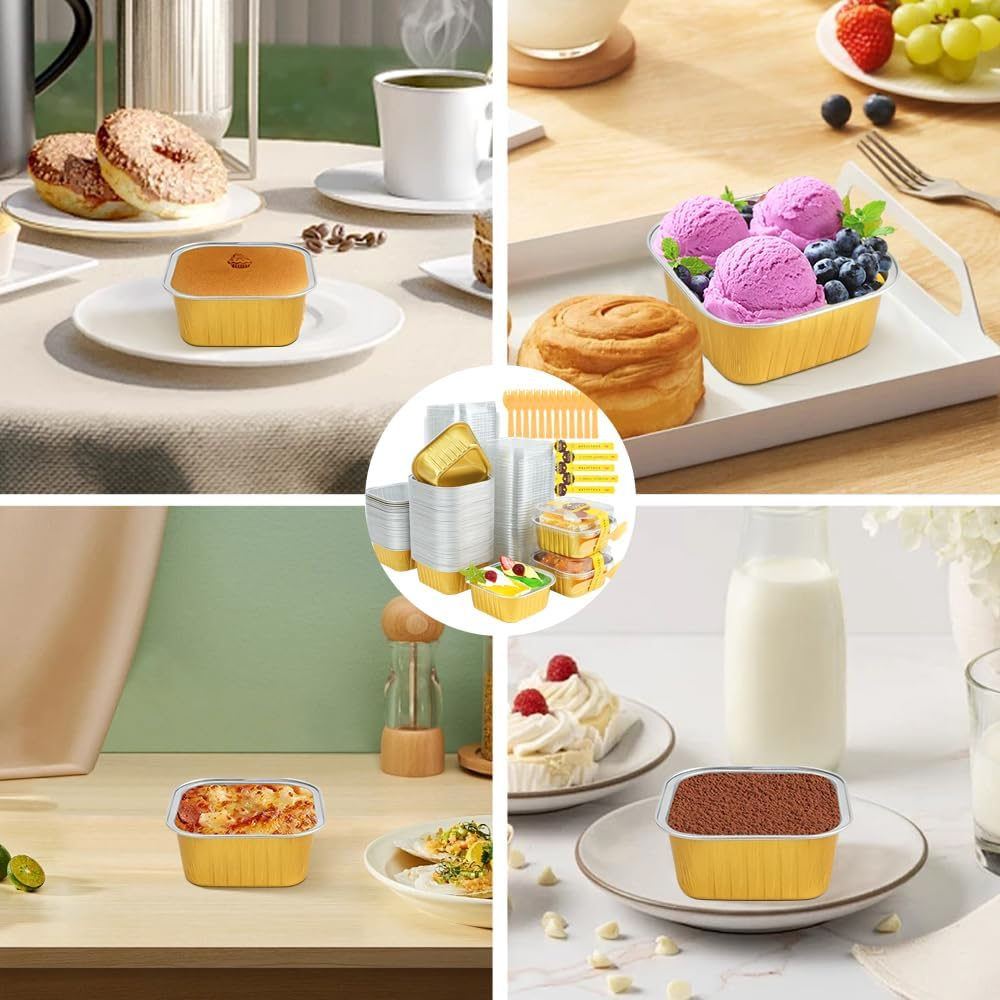 RETON 100 Pcs Mini Square Cake Pans with Lids and Sporks Stickers, 5Oz Aluminum Foil Ramekins Baking Cups, Individual Cupcake Containers for Brownies Dessert Party Wedding Birthday (Gold)