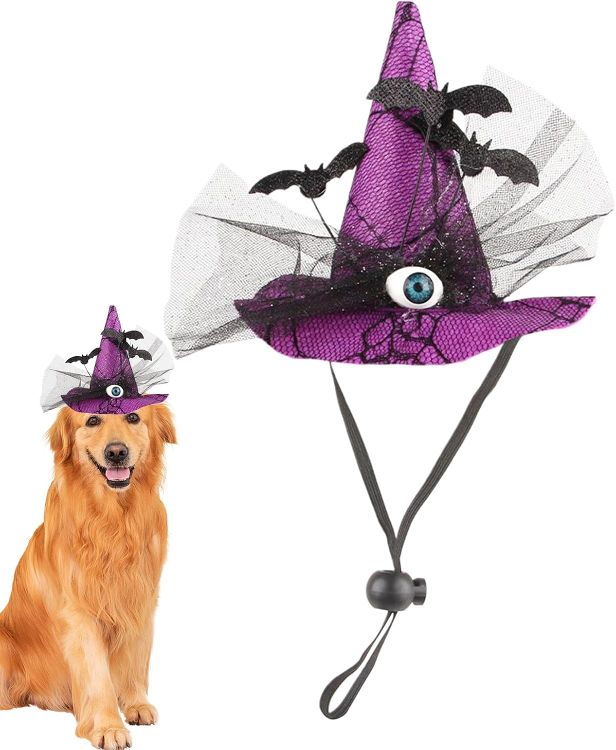 Cat Halloween Hat | Halloween Costumes for Dogs,Eyeball Bat Design Witch Headwear Adjustable Strap for Medium Breed Photo Props Party Indoor Thanksgiving image number 6