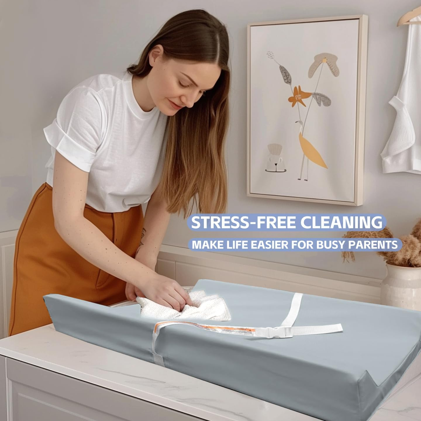 AGOGOLIFE Vegan Leather Baby Changing Pad with Waterproof & Wipe-Clean PU Cover, Standard Size Cozy Diaper Changing Pad for Dresser and Table, Blue image number 4