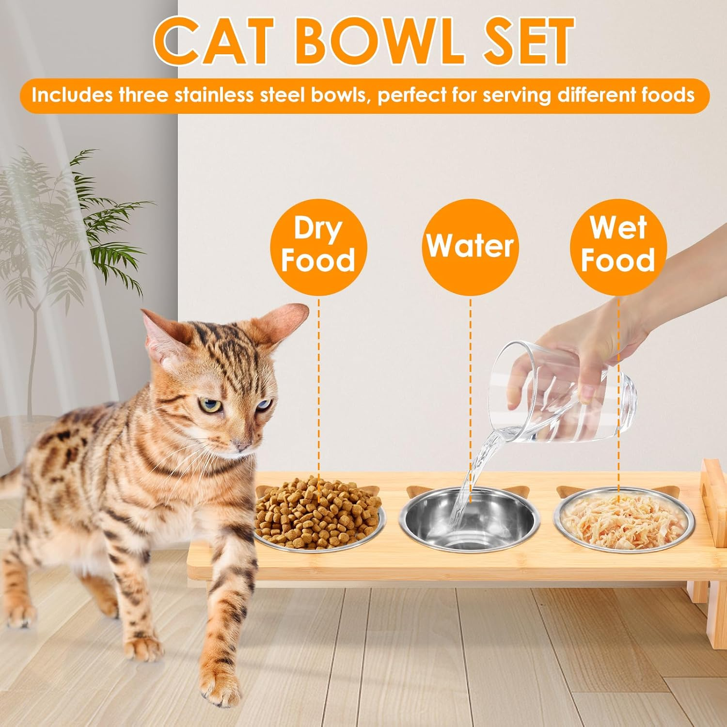Elevated Cat Bowls with Bamboo Stand Tilted Raised Pet Food Feeding Dishes with 3 Stainless Steel Bowls for Cats and Puppy (3 Bowls) image number 1