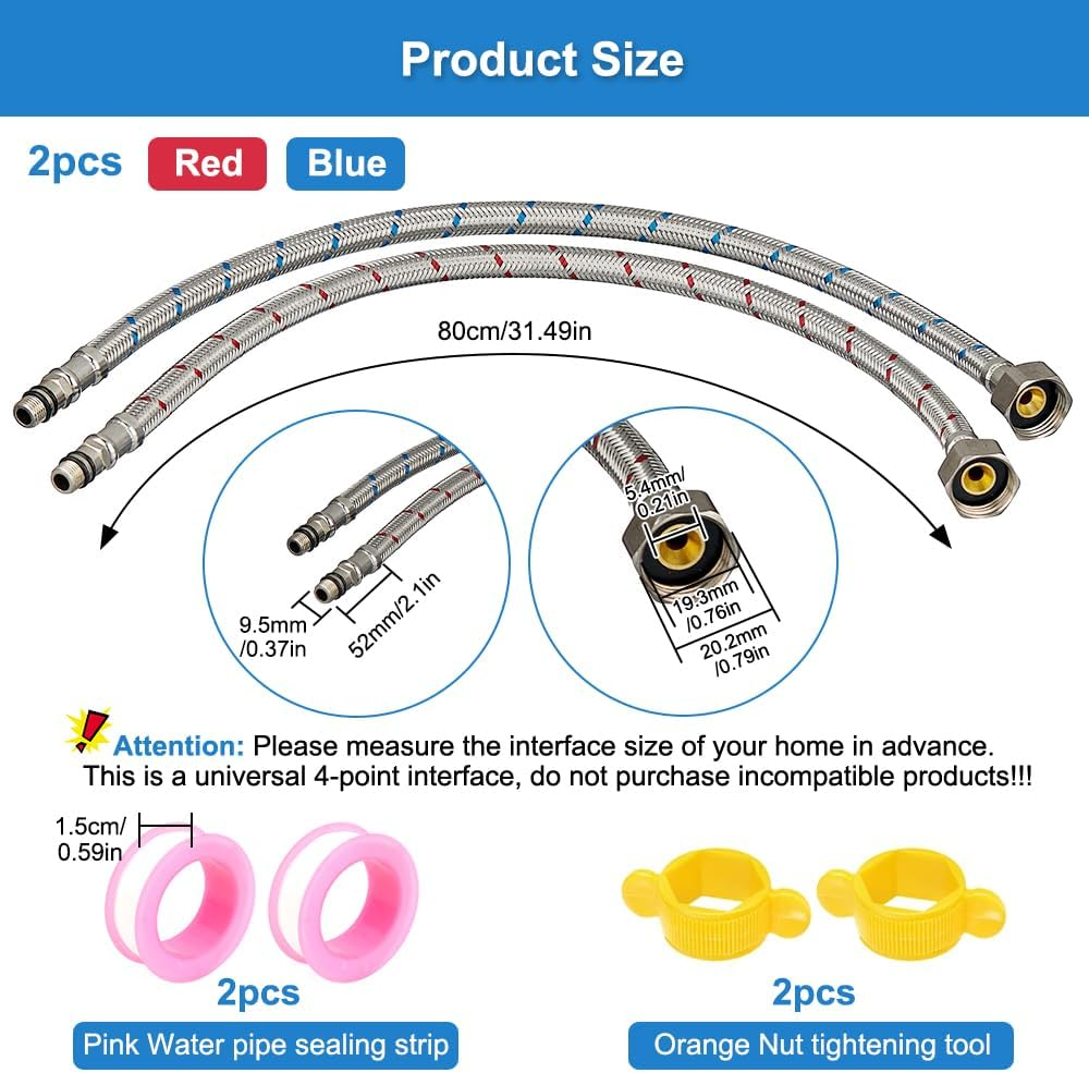 Pack of 2 80 Cm Tap Connection Hose G3/8 X M10, Hot and Cold Water Tap Connection Extension with Sealing Tape, Stainless Steel Braided Flexible Hose Fitting, Suitable for Kitchens and Bathrooms image number 1