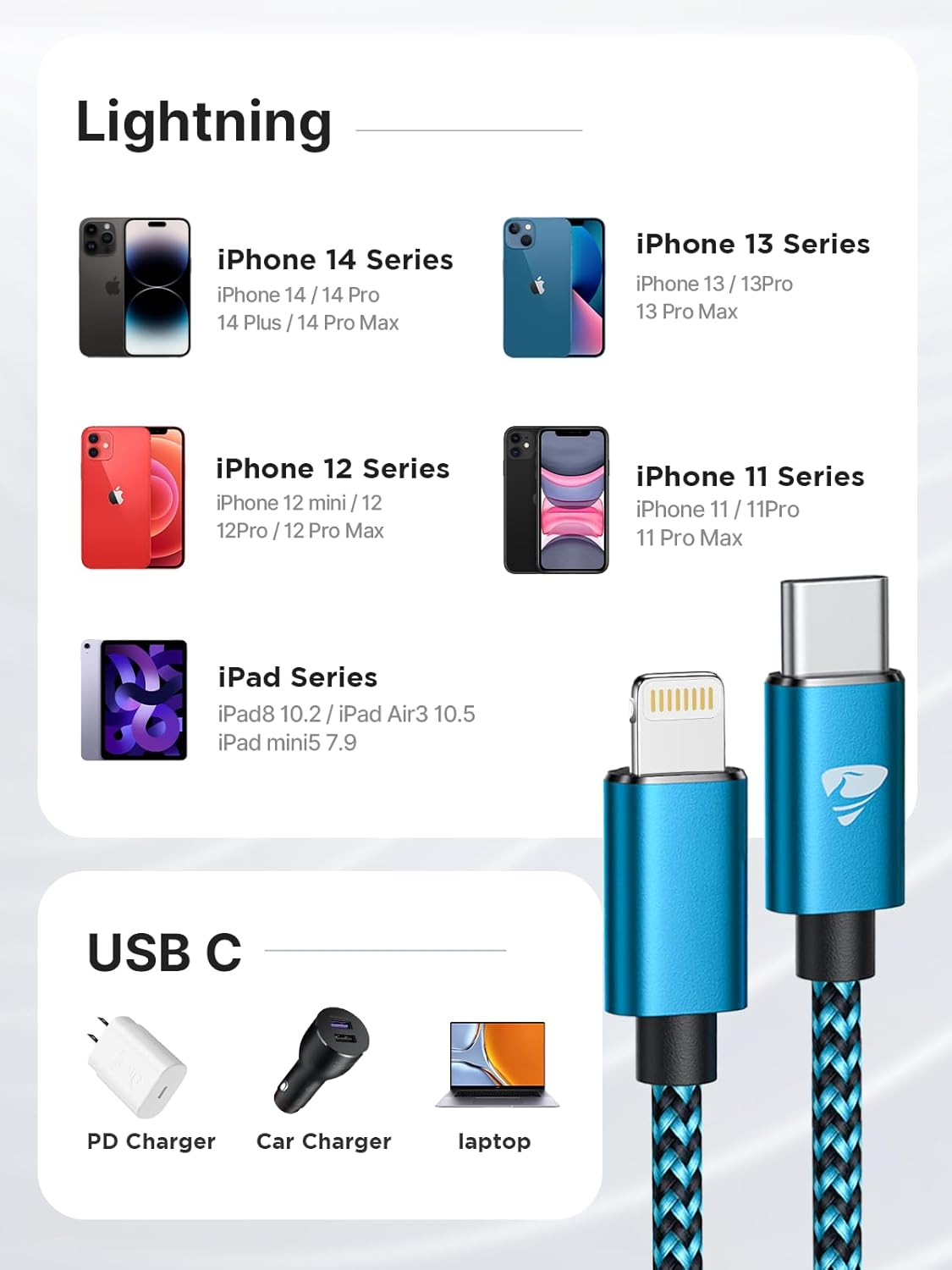 Aioneus USB C to Lightning Cable 2M 3Pack, [Apple Mfi Certified] Iphone Charger Cable USB-C Power Delivery Iphone Cord Fast Charging for Iphone 14 13 12 11 Pro Max Mini XS XR X 8 7 plus 6S SE, Ipad