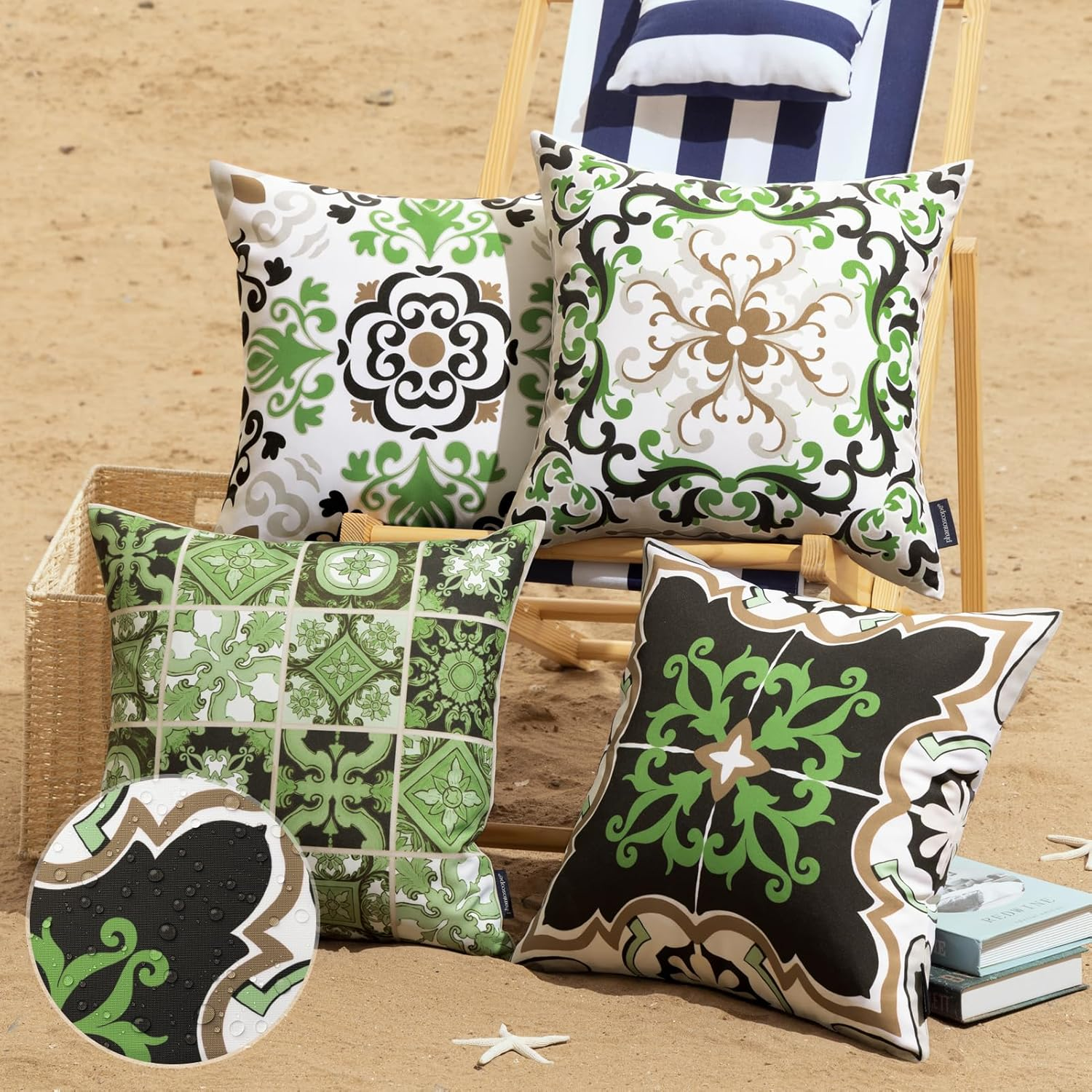 Phantoscope Set of 4 Outdoor Waterproof Throw Pillow Covers, Geometric, Decorative Boho Farmhouse Outdoor Pillows Cushion Case for Home Patio Furniture Tent Sunbrella, Teal/Pink 18X18 Inches