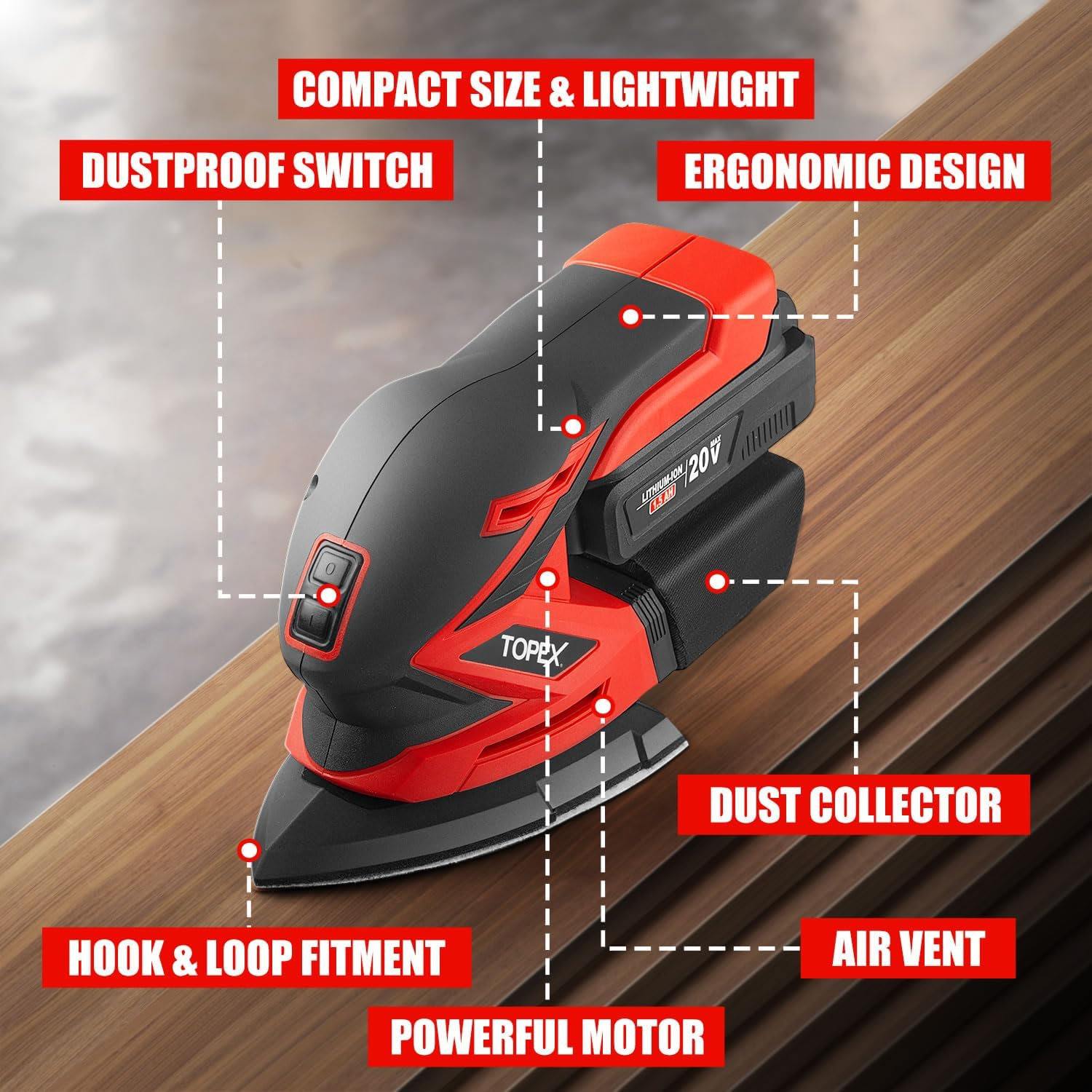 TOPEX 20V Cordless Detail Sander Electric Mouse Sander Handheld Sanding Machine Small Triangular Palm Sander for Home Decoration Furniture Finishing with Sandpaper & Dust Bag image number 5